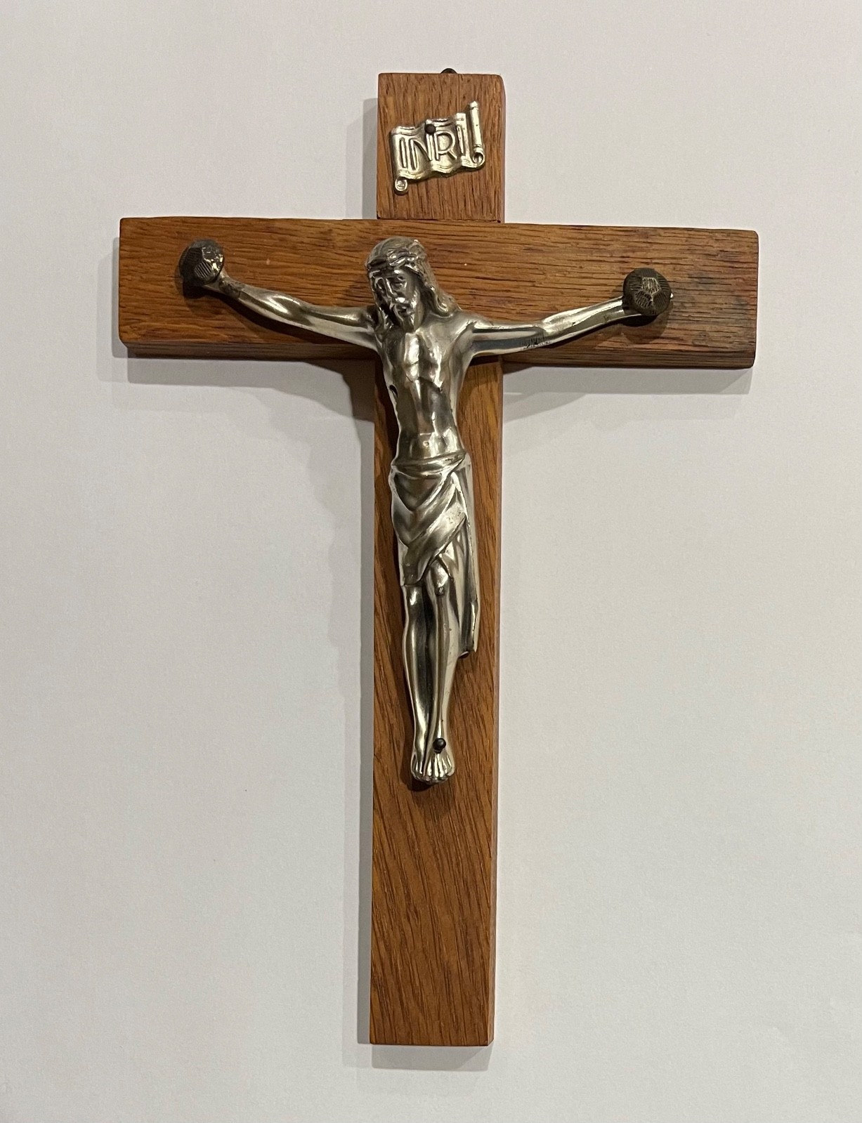 Vintage Mid-Century West Germany Wooden Wall Crucifix 9x6 Metal Corpus INRI