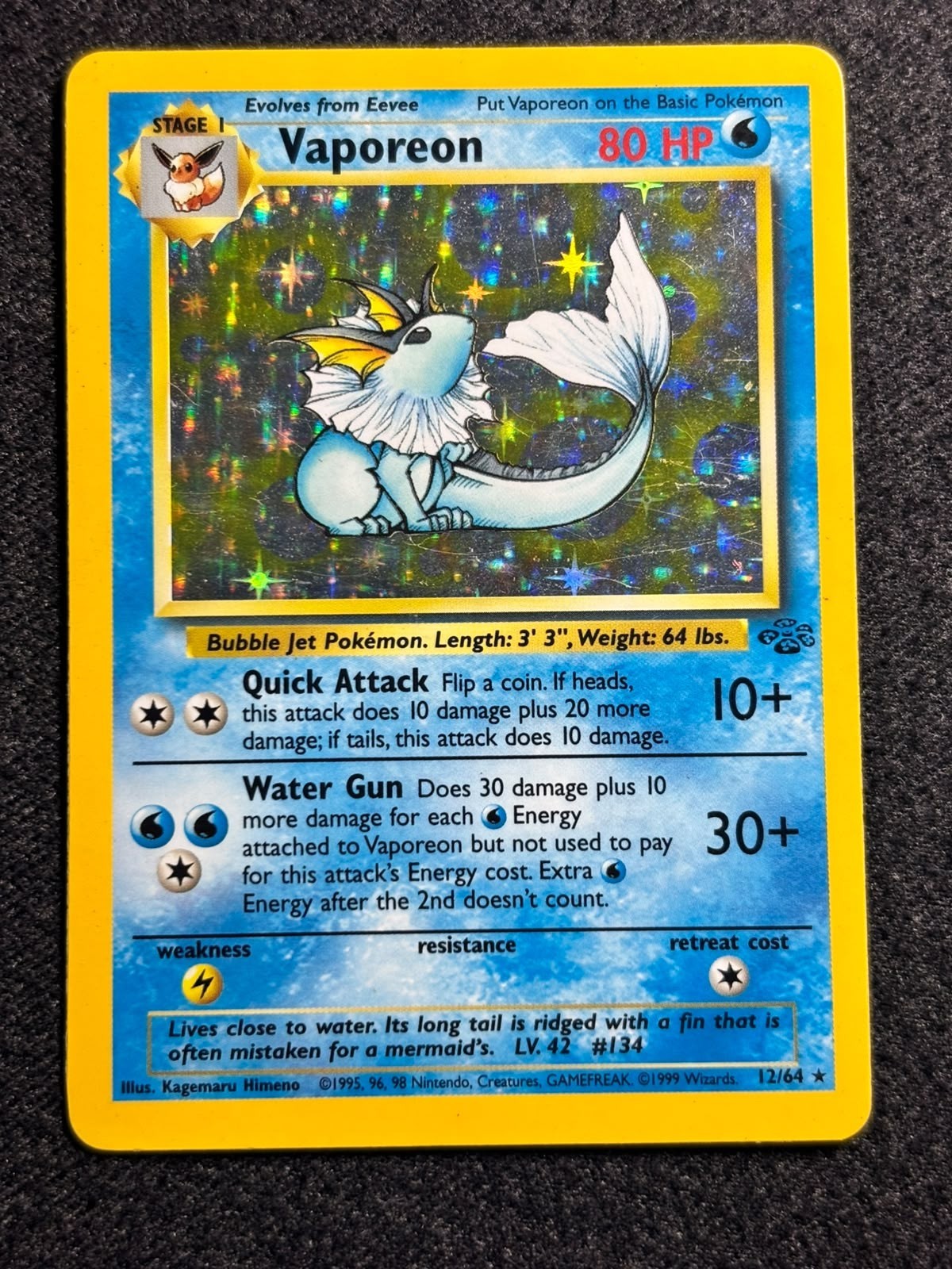 Vaporeon 12/64 Pokemon Card Jungle Set 1999 WOTC Vintage Holo Rare LP/MP