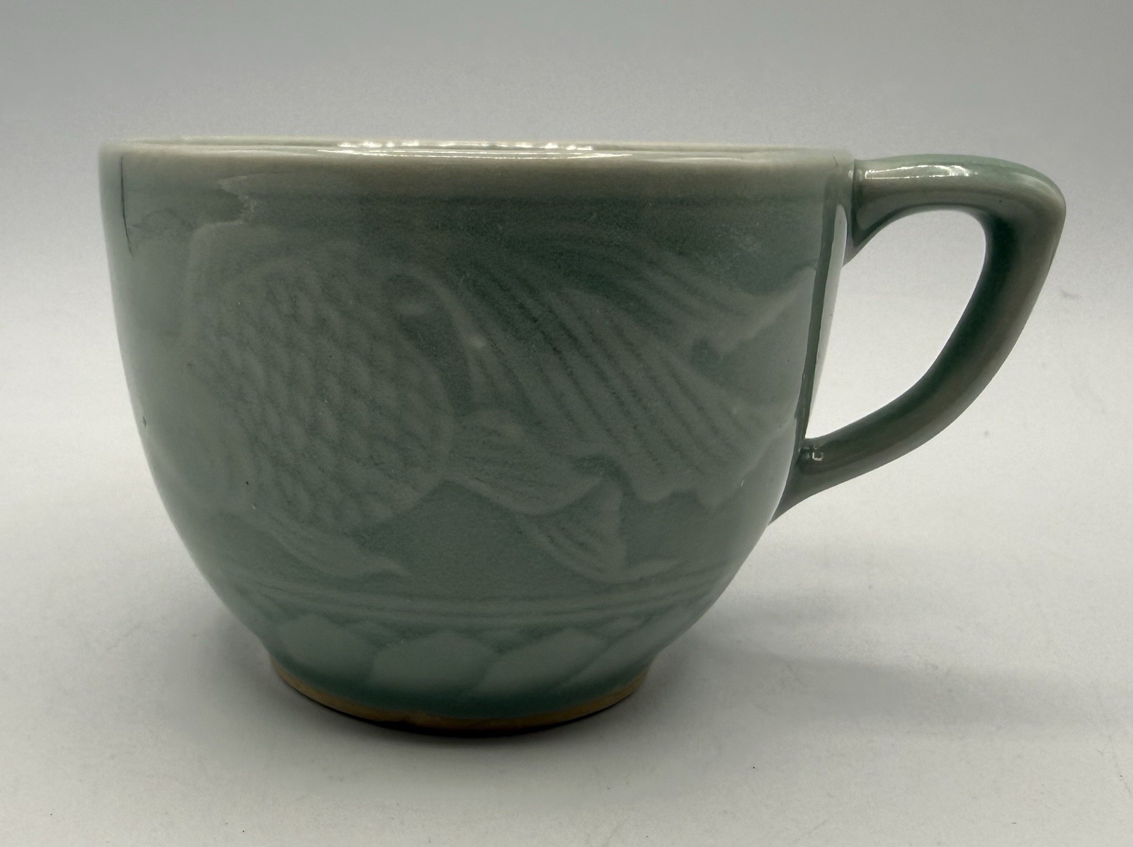 Vintage Chinese Longquan Celadon Mint Green Koi Fish Small Mug
