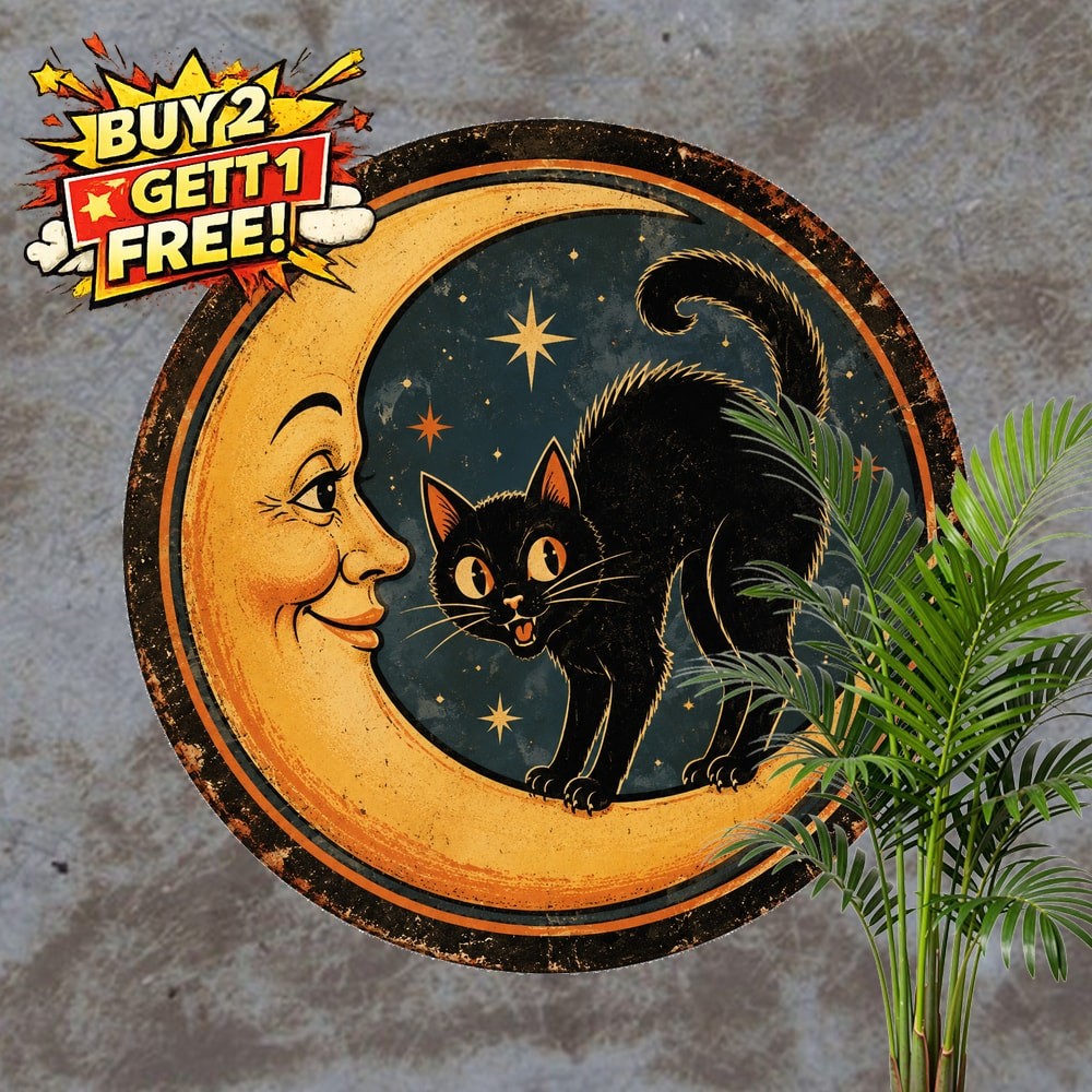 Halloween Moonlit Cat Kitchen Cafe Metal Tin Sign Round Wall Decor Plaque 8x8