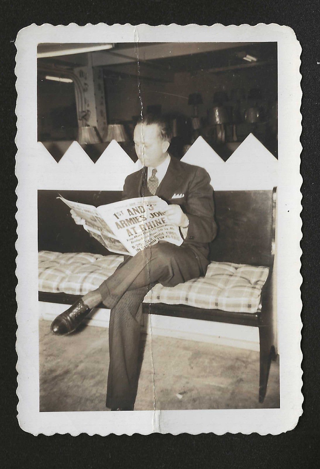 Vintage 1945 WWII Homefront Photo Man Reading Newspaper 1st & 3rd Armies Rhine