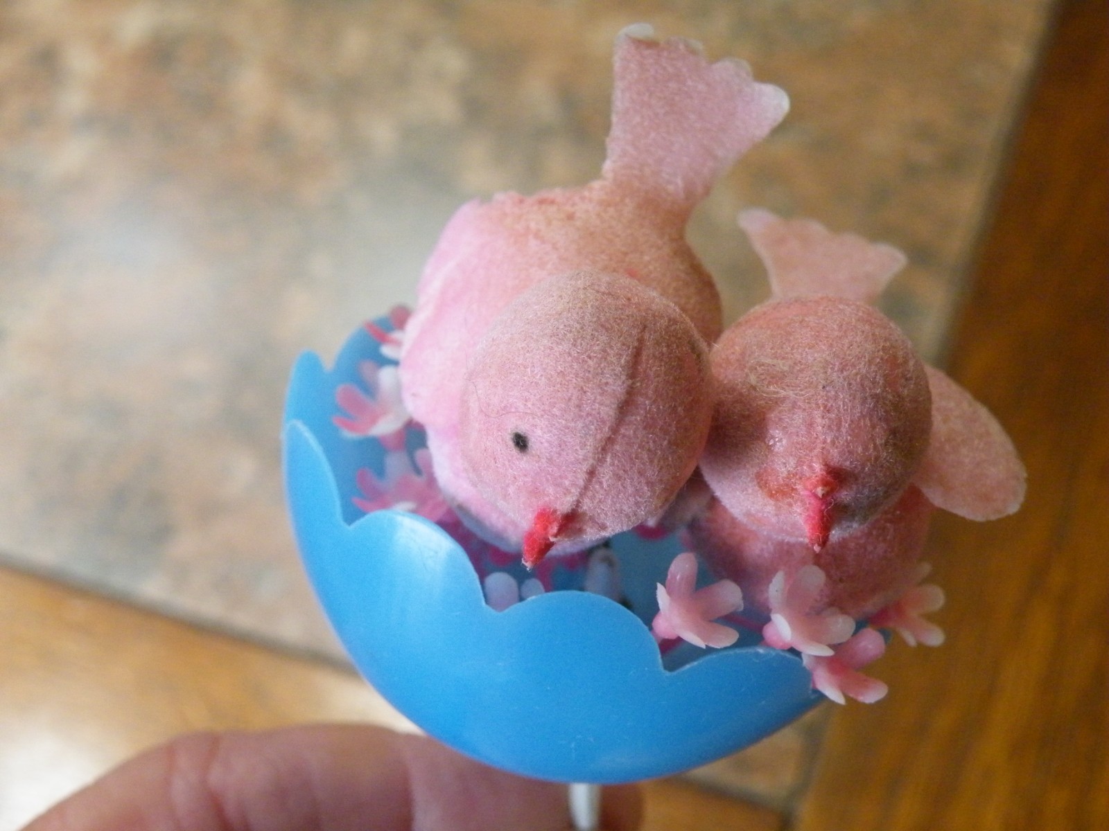 Vtg AS IS 1950s PINK Easter CHICKS Flocked in Plastic NEST 2 CHICKS in NEST Read