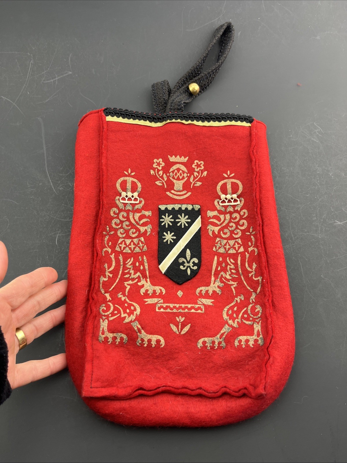 Heraldic Felt Pouch Wall Hanging Bag Gold Foil Crest Red  12”x 8\