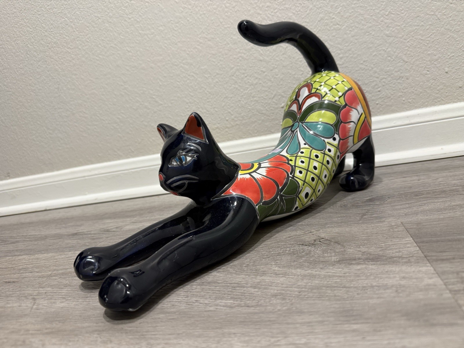 Vintage Large Talavera Stretching Kitty Cat  17.5” L X 5”w X 10” H Ceramic