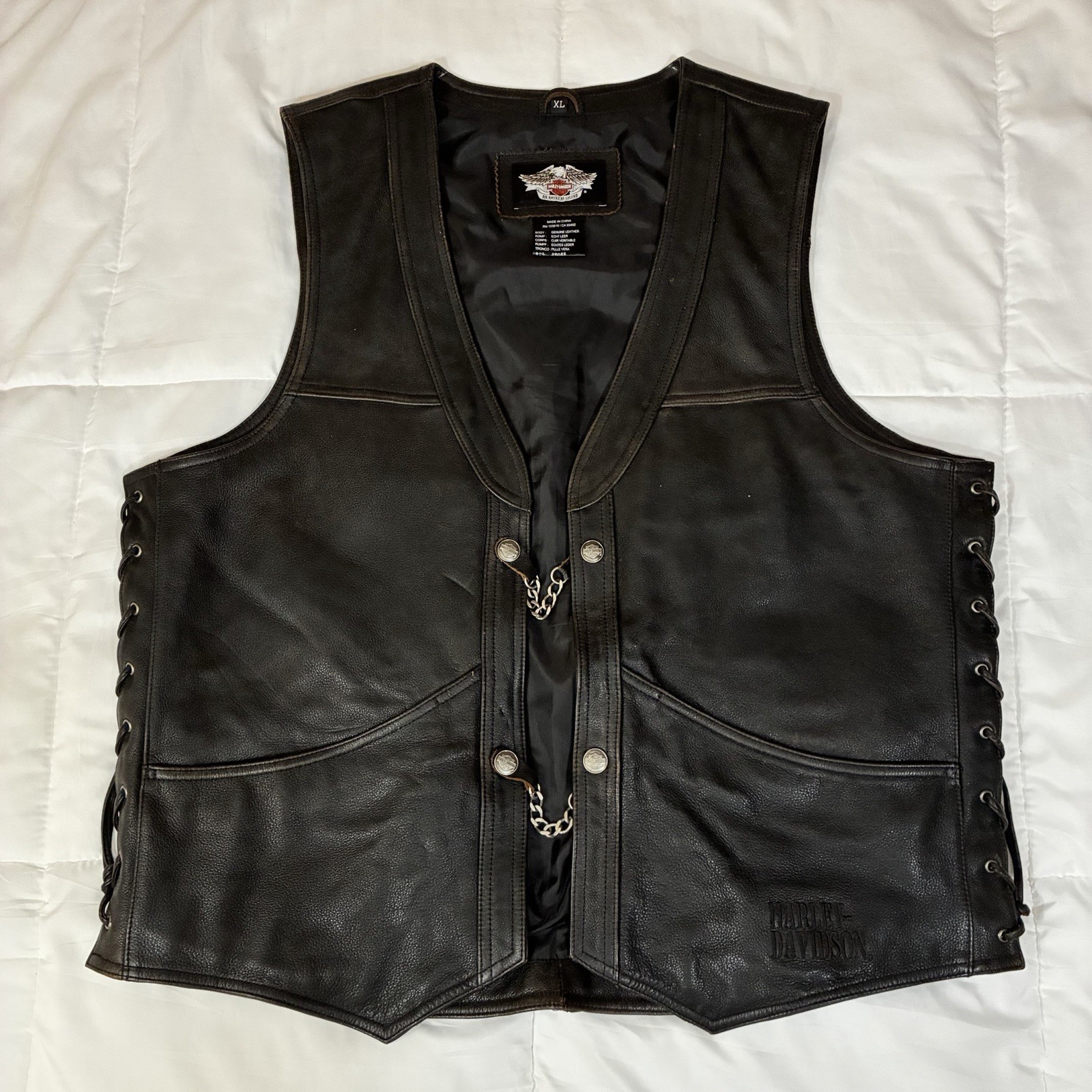 2007 Harley Davidson Black Genuine Leather Lace Up Biker Vest XL