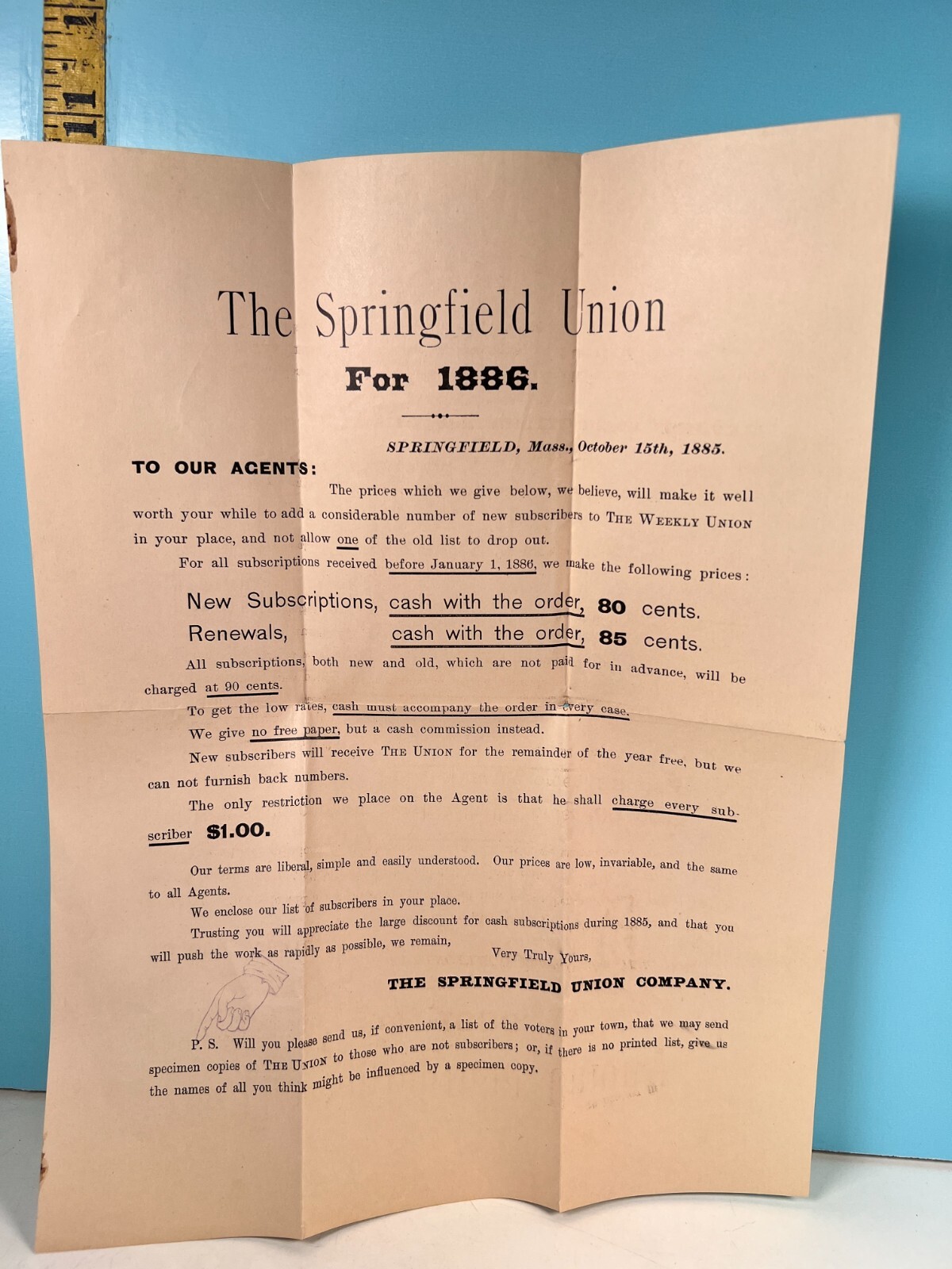1886 The Springfield Union subscription renewal and new Form.