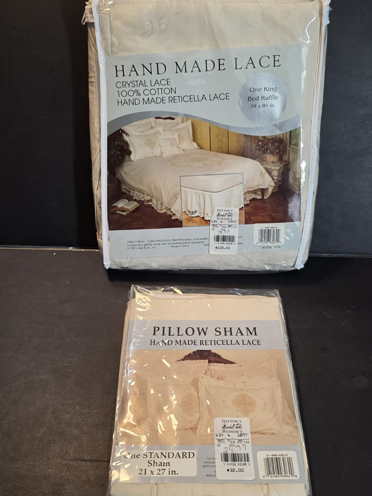 Vintage 1992 L Kee & Co King Bed Skirt & Sham Set Ivory Natural Cutwork Lace NIP