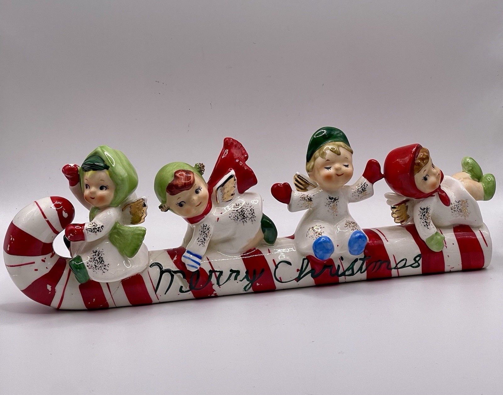 Vintage Geo Lefton Christmas Candy Cane Angels Sleigh Figurine 1950’s As Is