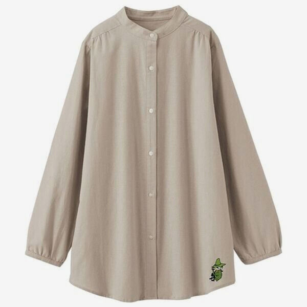 Moomin Shirt Women\'s Cotton Linen Long Sleeve Button Down Snufkin Taupe XL