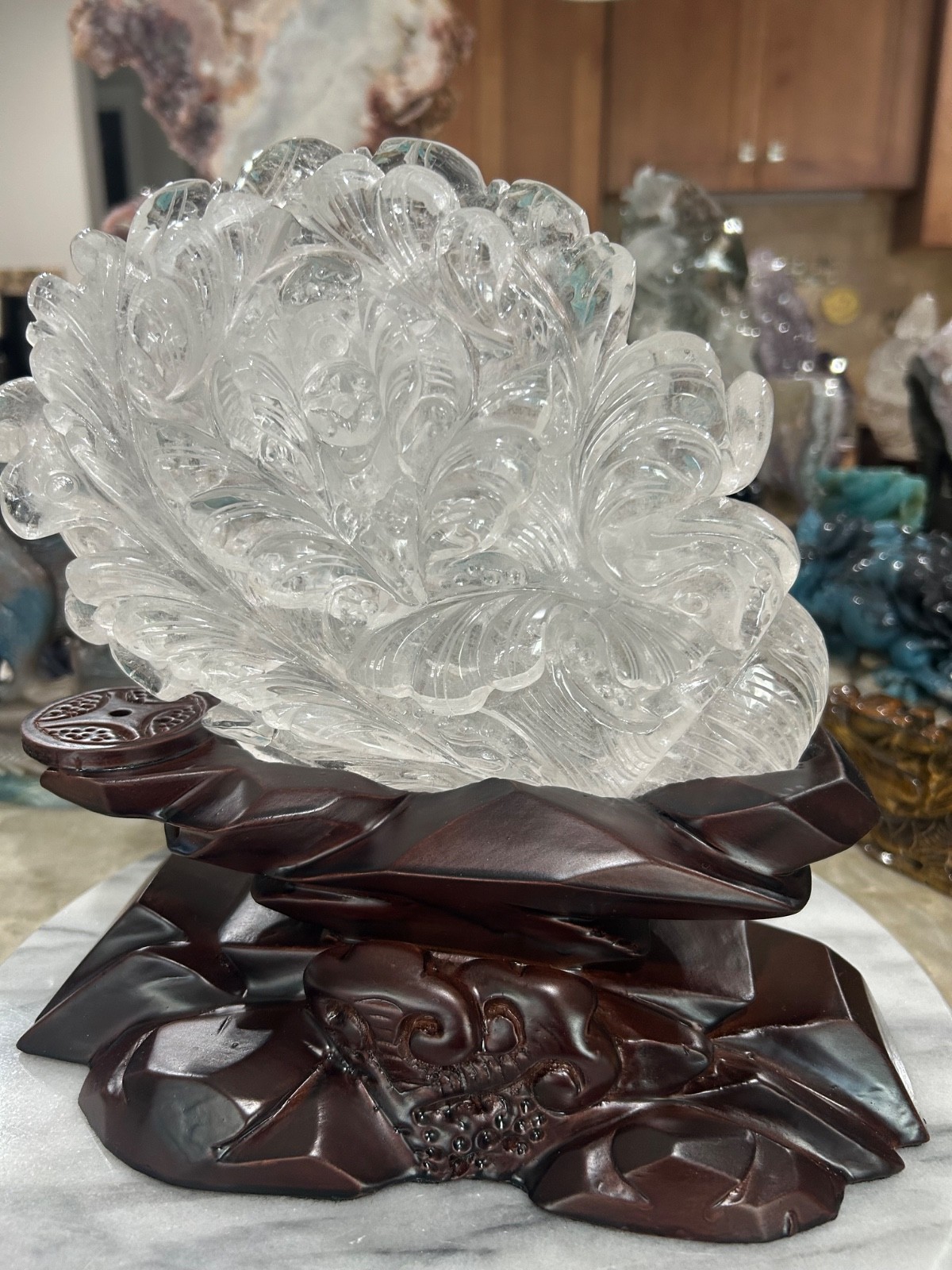 Gorgeous clear quartz flower cabbage hand carved with custom wood stand