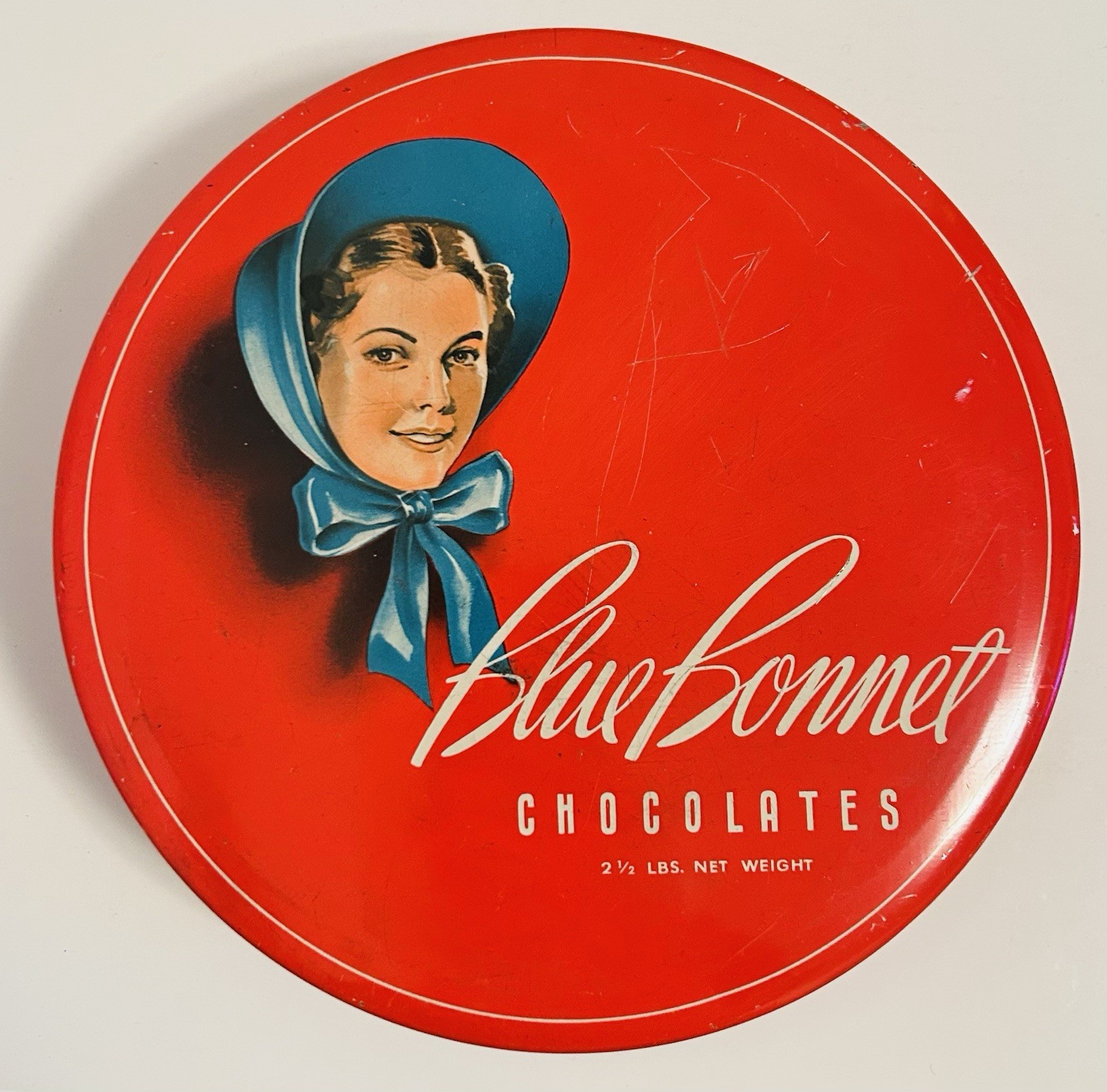 Blue Bonnet Chocolate Round Tin - Zion Industries, Zion IL Rare Vintage Candy