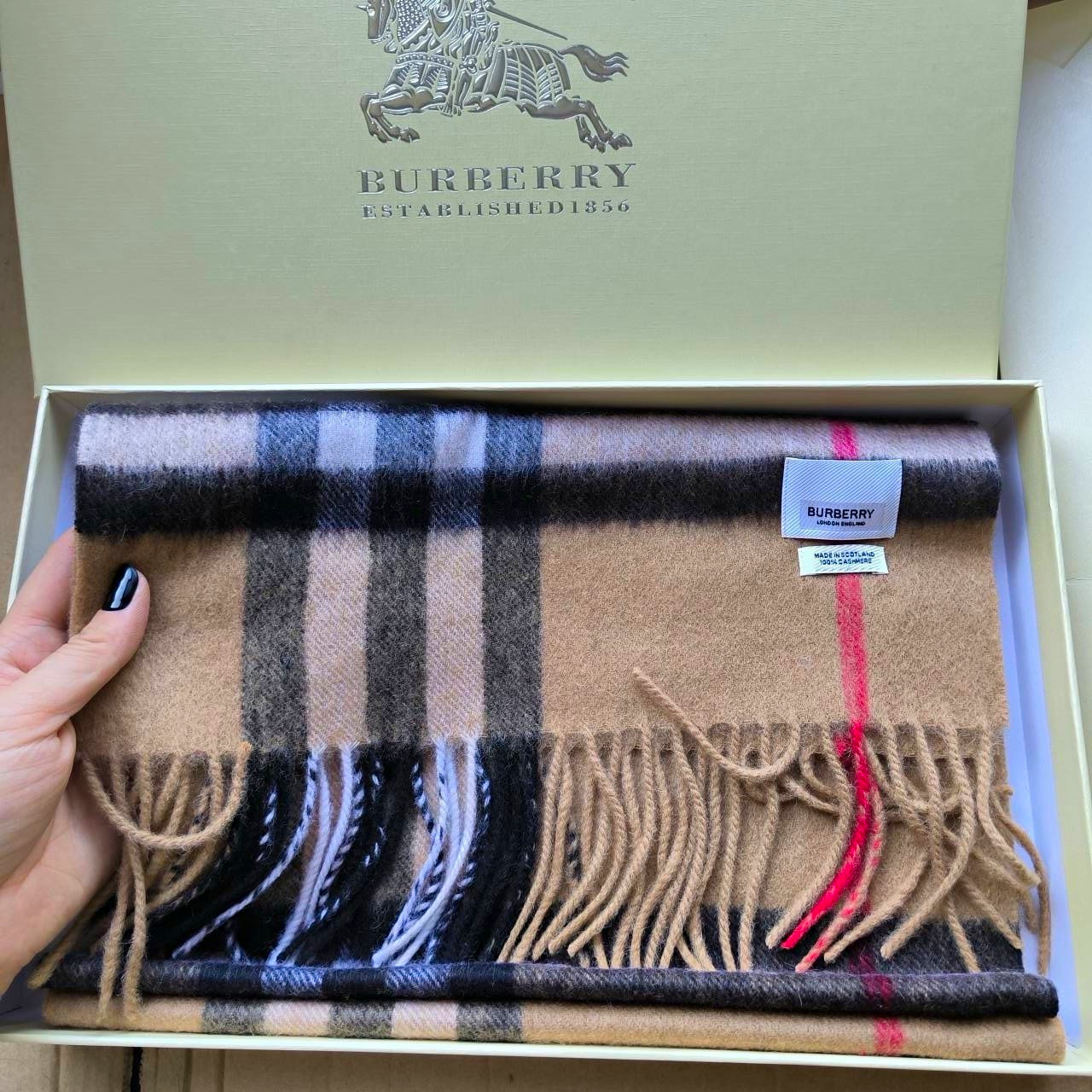 Burberry Cashmere Beige Plaid Rectangle Scarf with Fringe Logo Accent
