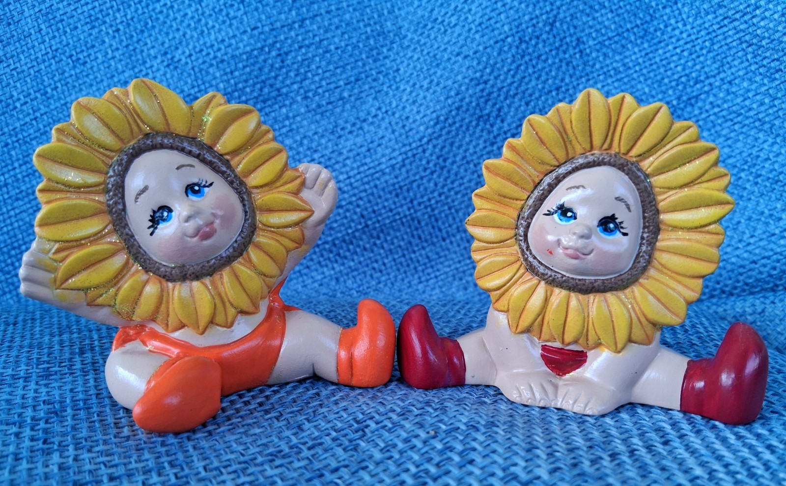 Vintage Dona's Ceramic Sunflower Babies Set of Two Hand Painted Figurines