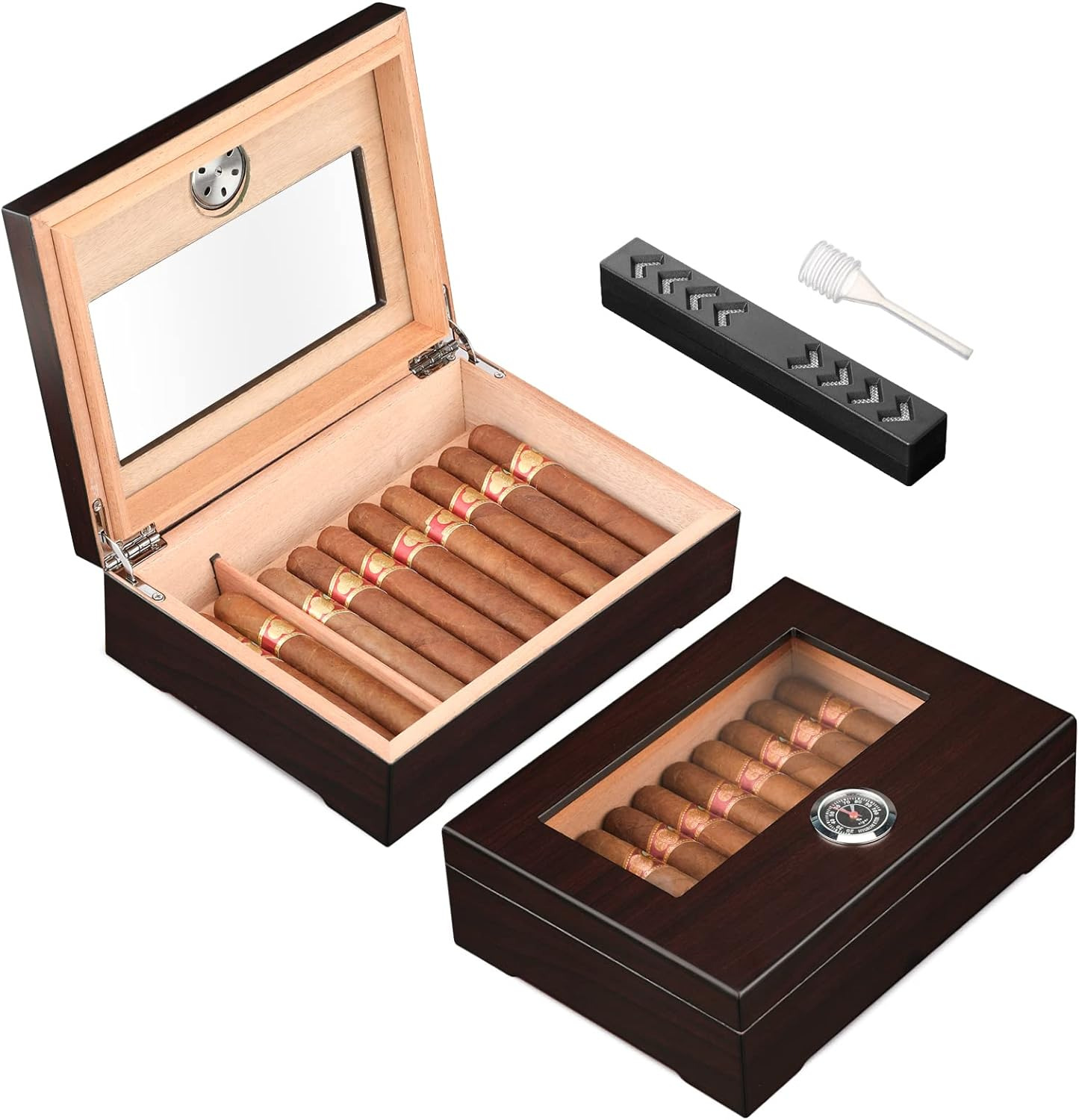 Cigar Humidor, Glass Top Cigar Box with Hygrometer Humidifier and Divider, Deskt