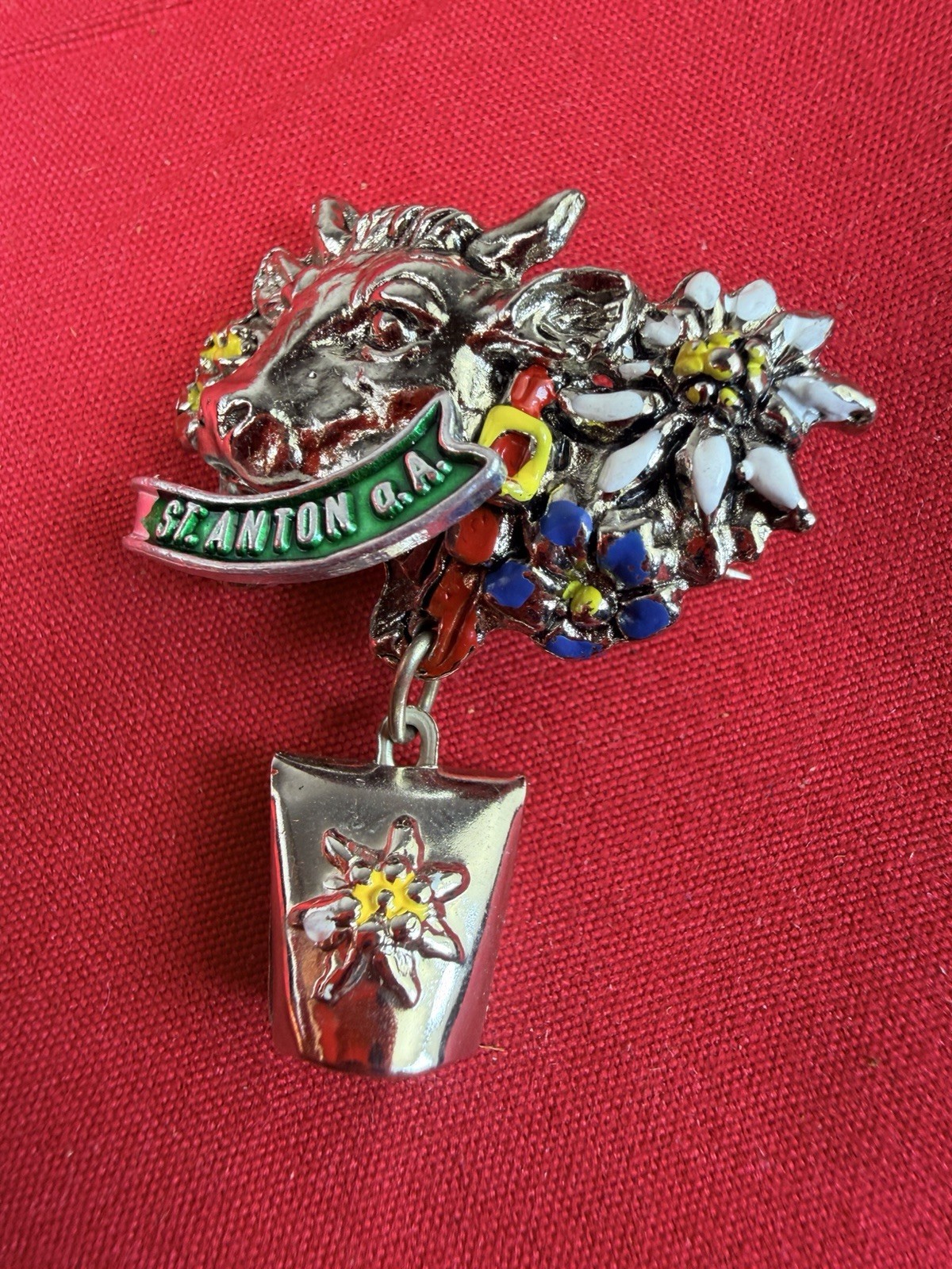 Vtg JOWA Austria St Anton Alpine Cow Edelweiss Enamel Brooch Pin Cowbell