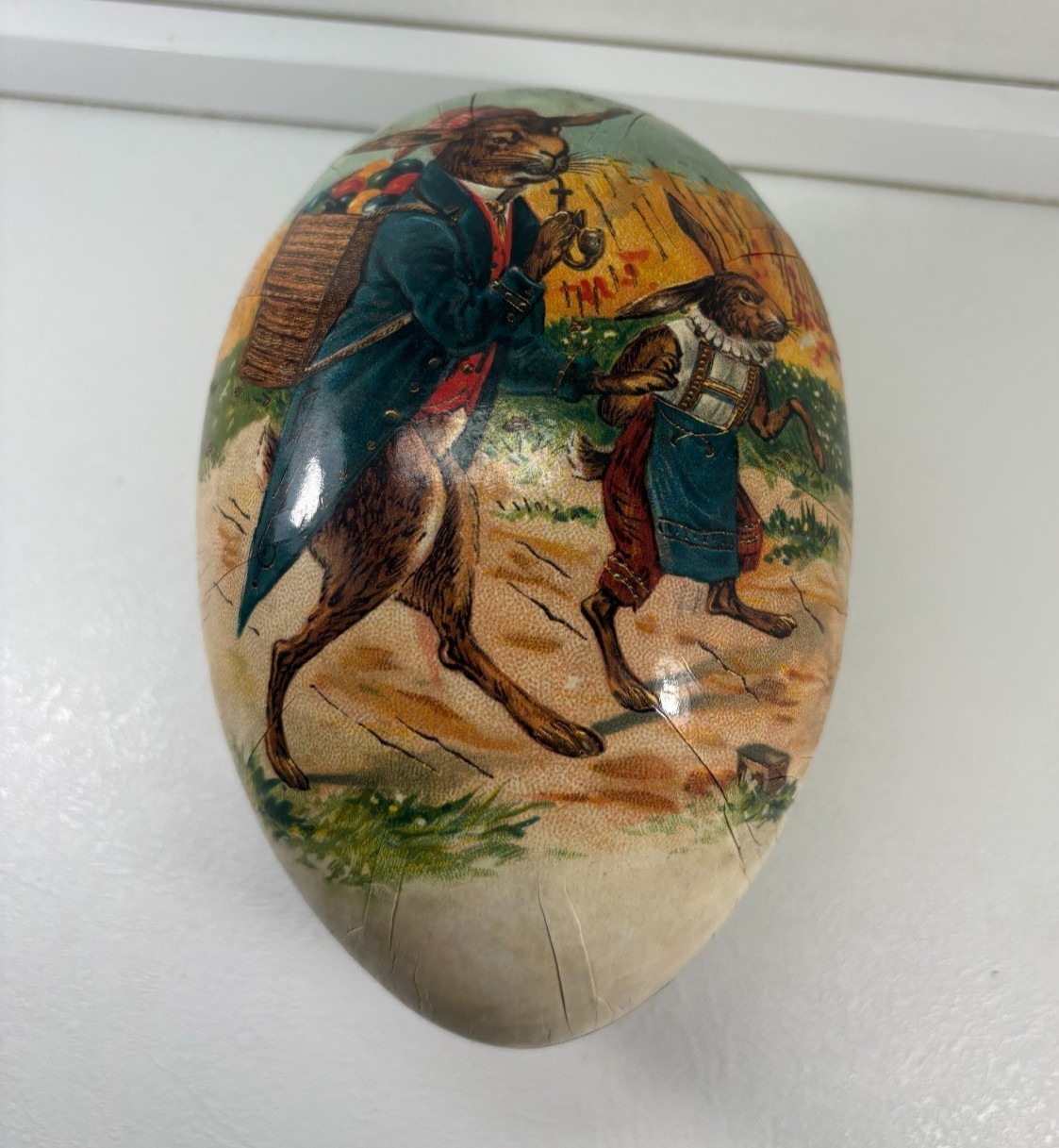 Vintage German Nestler Paper Mache Easter Egg Candy Container Rabbit Papa Son 7\
