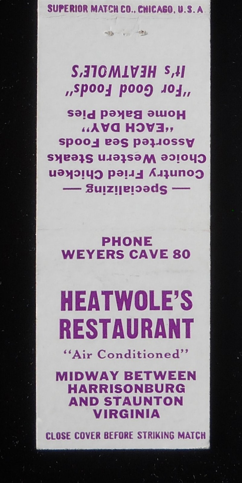 1960s Heatwole\'s Restaurant Country Fried Chicken Pies Phone 80 Weyers Cave VA