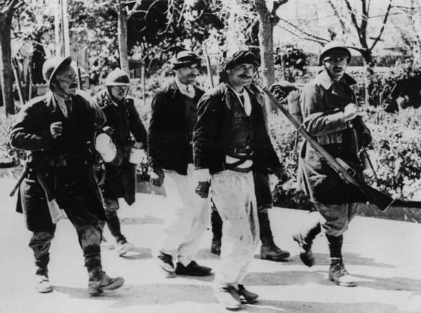 Armed Albanian peasants soldiers at end of their march to Albanian- Old Photo