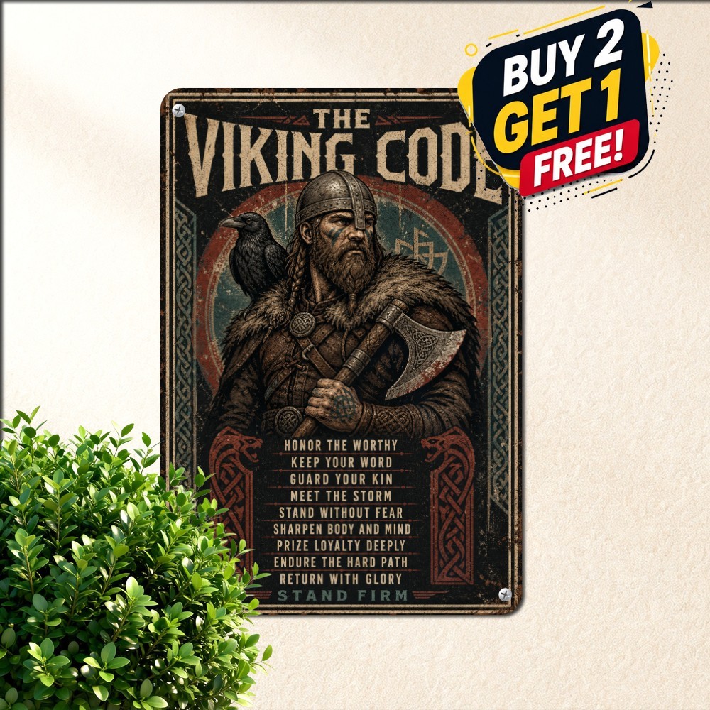 Distressed Weathered Viking Code Sign Ancient Scandinavian Metal Tin Plaque