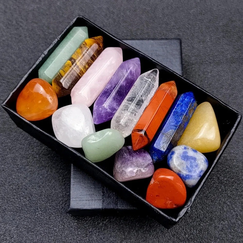 14pcs Pointed Quartz Crystal Chakra Healing Stones and Crystals Set Hexagon Rose