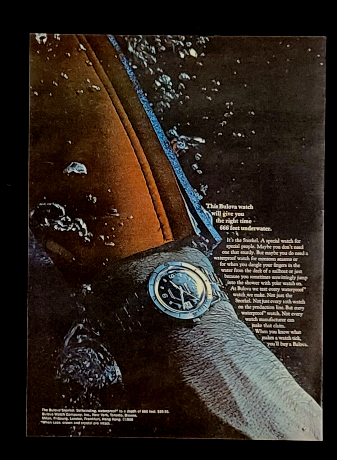 Original Vintage 1966 Bulova Snorkel Watch Print Ad Diving 666 Feet