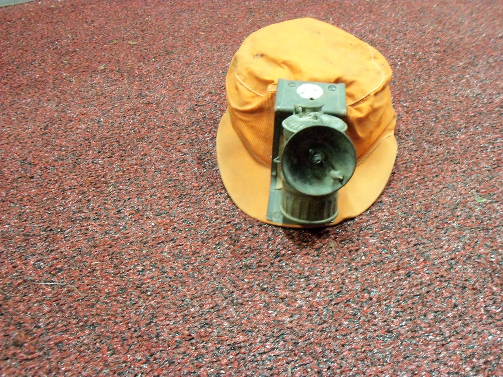 Vintage Coal Miner Canvas Cap Hat Orange For New Hire Employee With Carbide Lamp