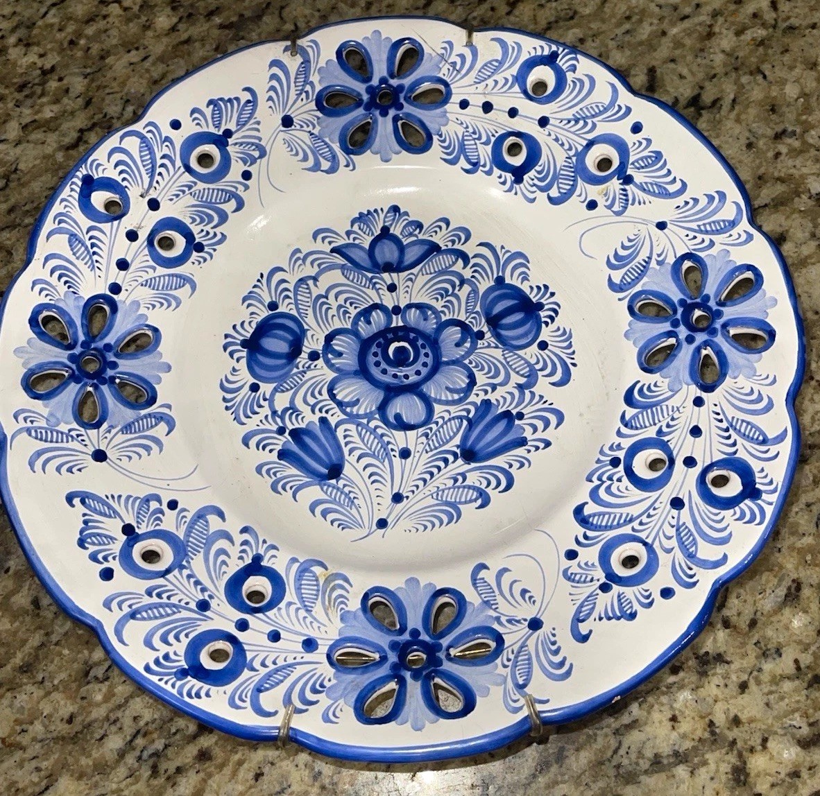 Vintage Modra LG  Blue & White Pierced Floral Round Ceramic Decorative Plate 