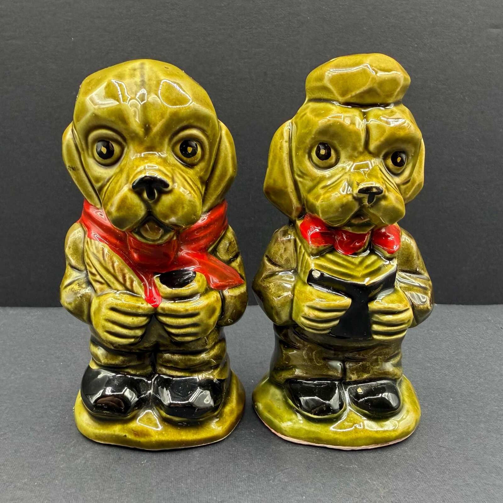 Rare Vintage Anthropomorphic Ceramic Dog Figurines, MCM Green Kitsch Decor