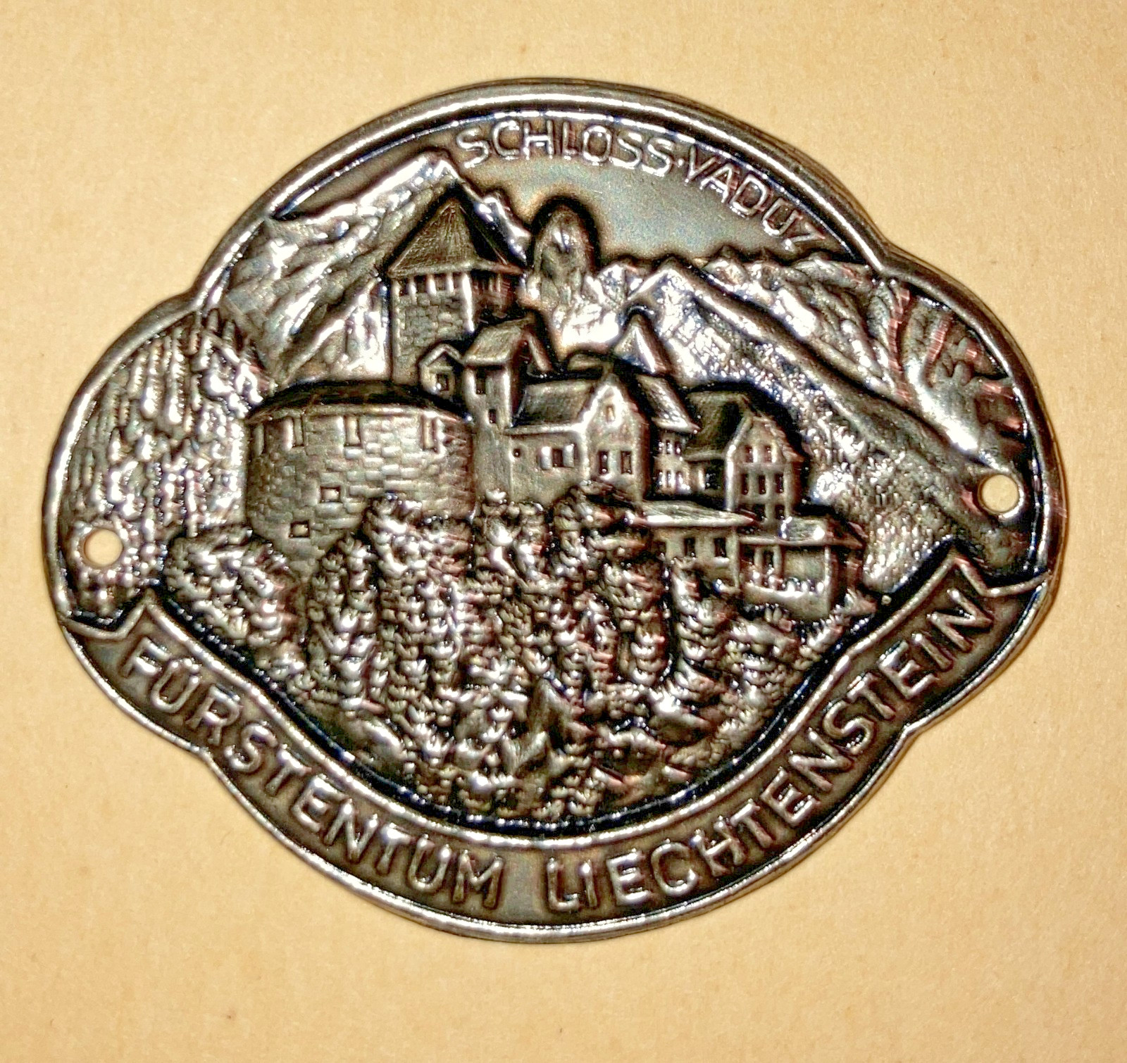 VINTAGE Metal Souvenir Plaque for Walking Stick-SCHLOSS VADUZ LIECHTENSTEIN-Fine