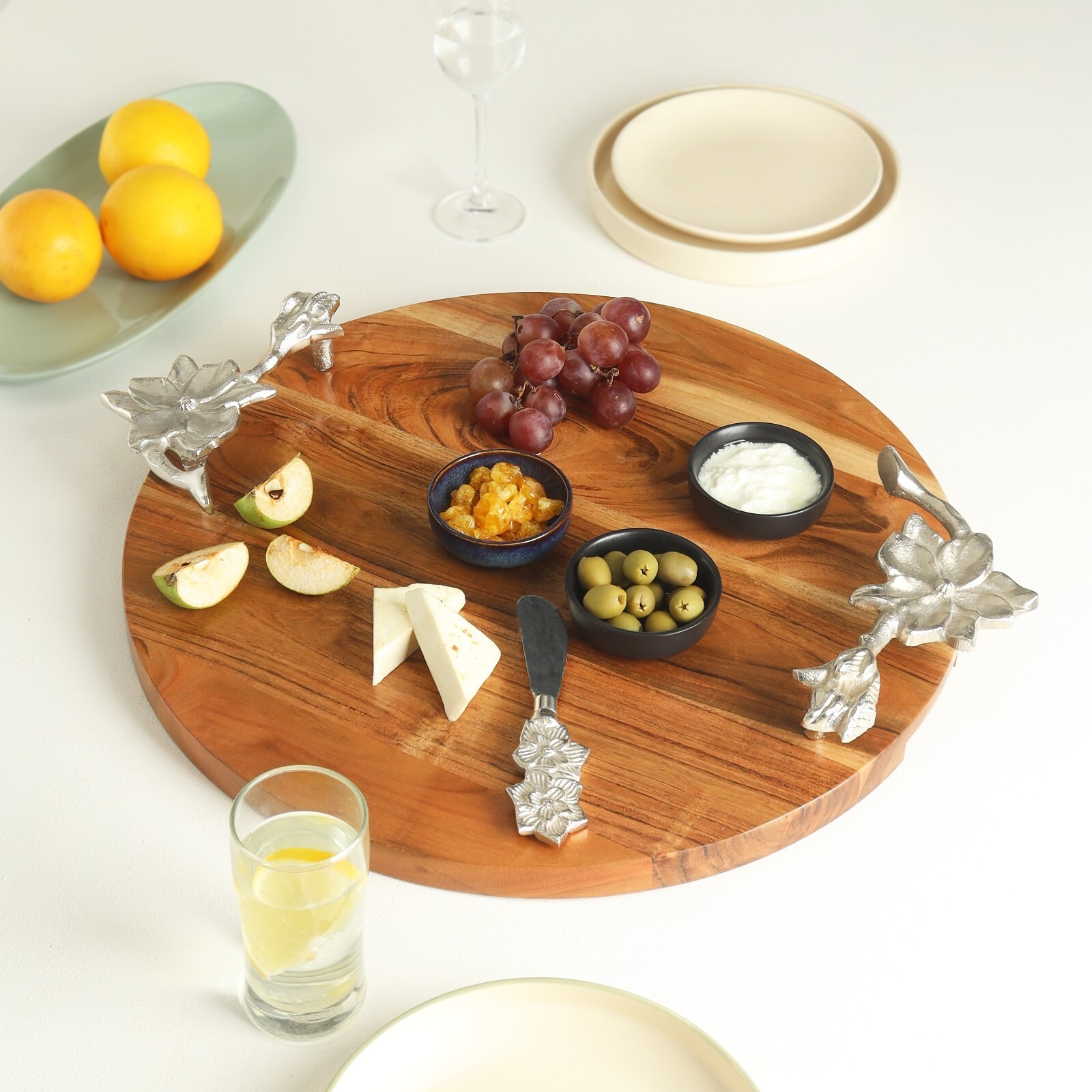 Round Wooden Serving Board with Silver Magnolia Metal Handles 18\