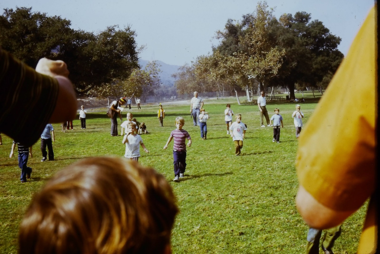 c1970's Kodachrome 35mm Slide, Kids Running Park Play mid 1970s green Children