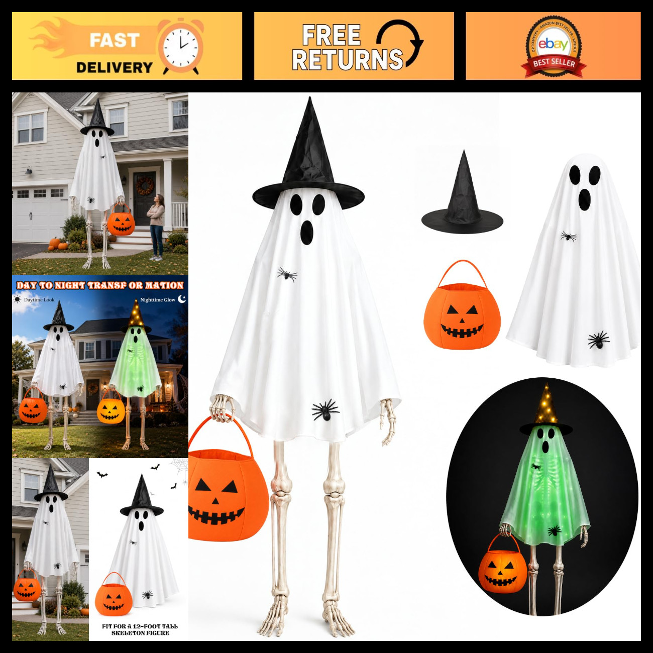 12 Ft Halloween Skeleton Decor with Ghost, Pumpkin Accessories & Lights - Spooky