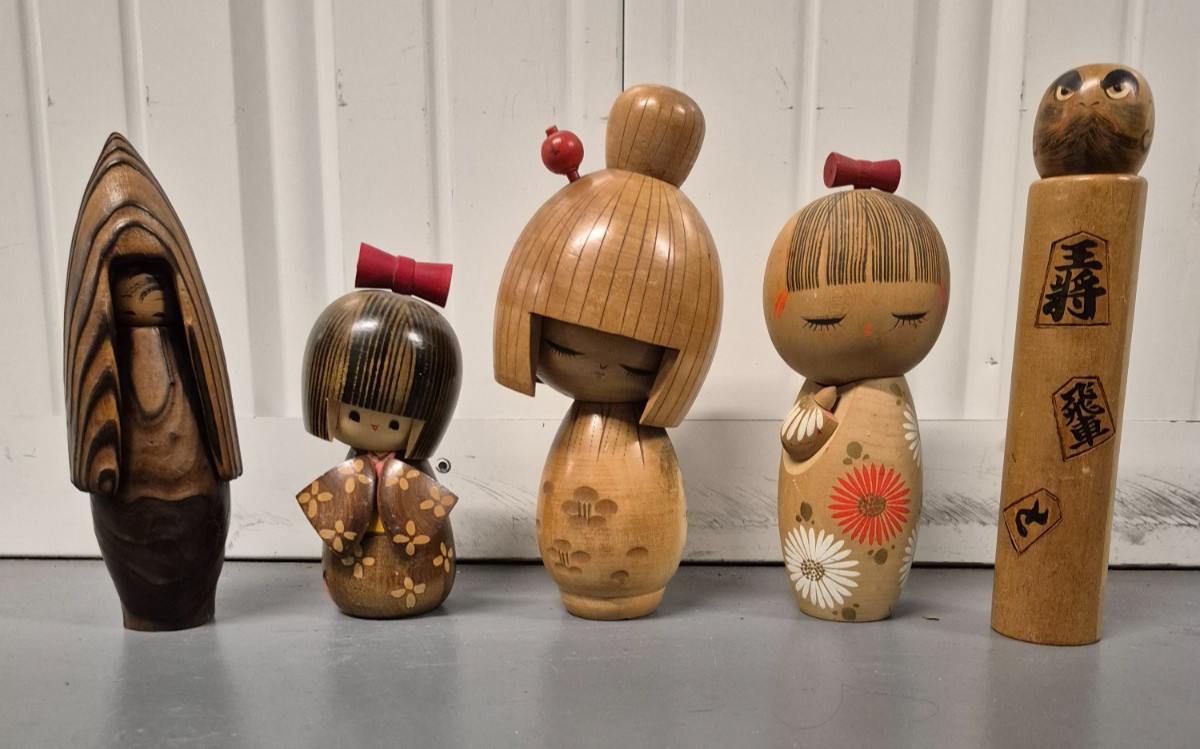 Vintage Japanese Kokeshi Doll Lot of 5 Signed Creative Sosaku Daruma Shogi Folk