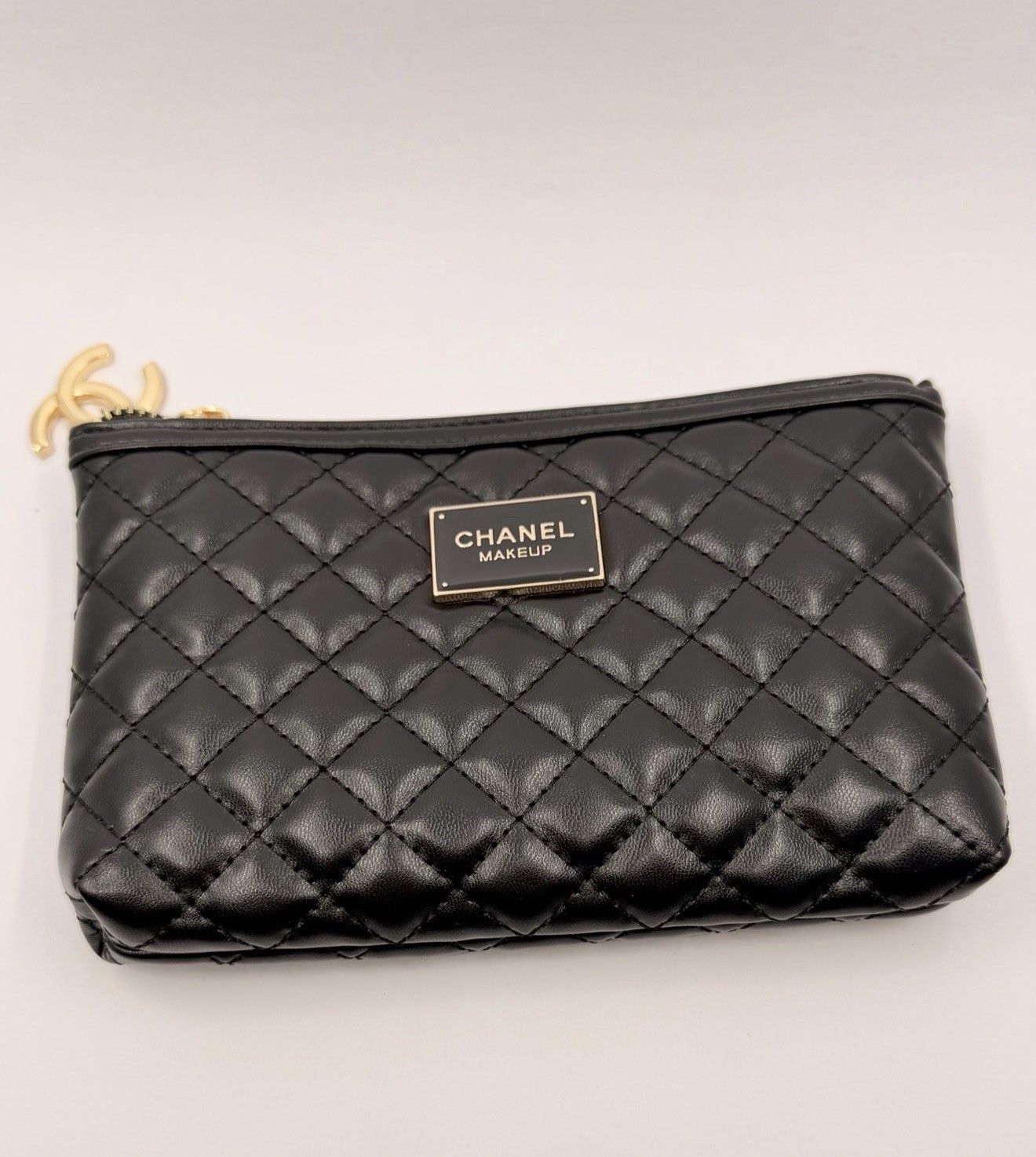 CHANEL Makeup Black Quilted Cosmetic Pouch Bag Gold CC Charm GWP VIP