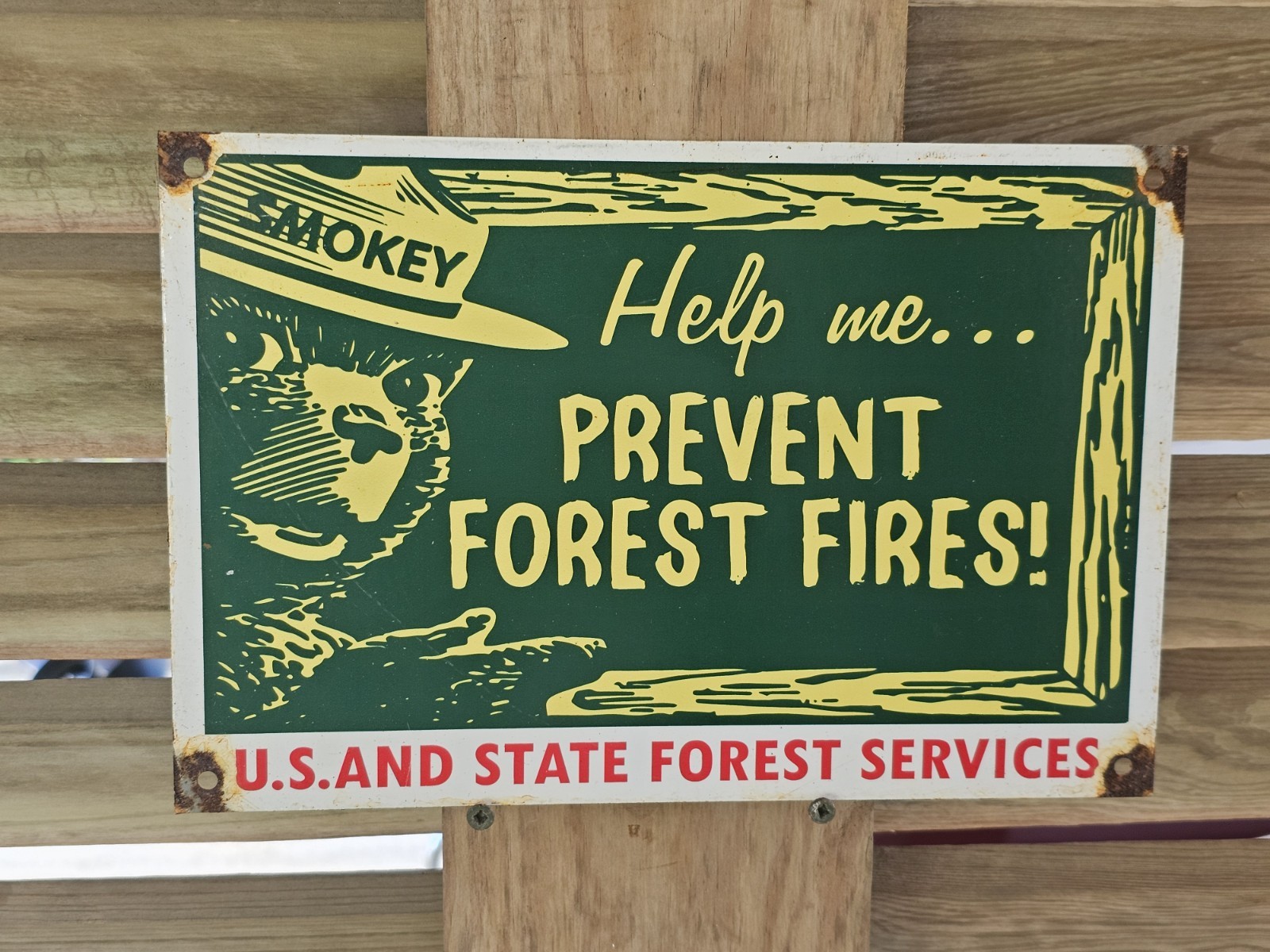 VINTAGE 1960\'S SMOKEY THE BEAR HELP PREVENT FOREST FIRES  PORCELAIN SIGN 