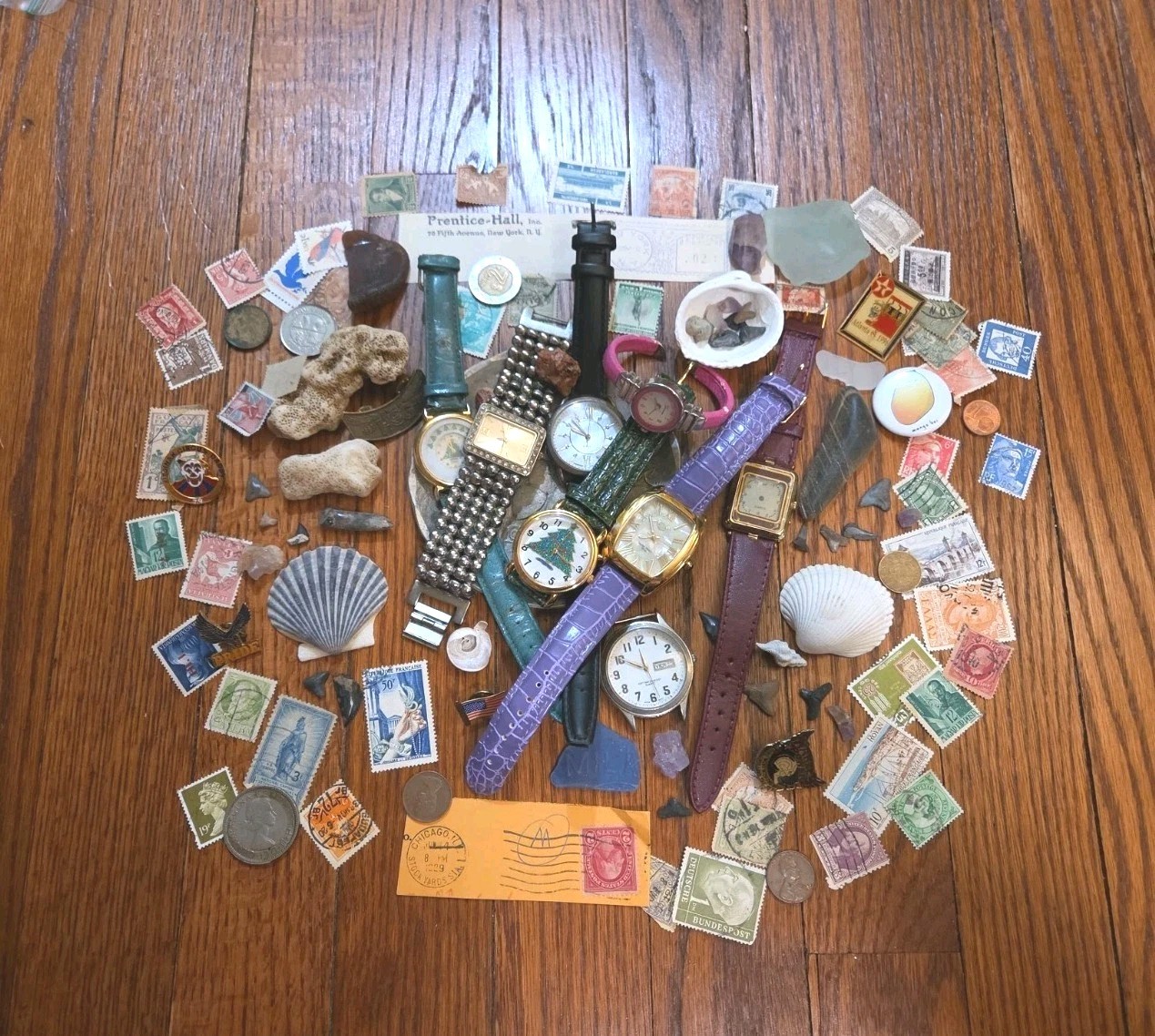 Vintage Junk Drawer Lot of Coins, Fossils And More