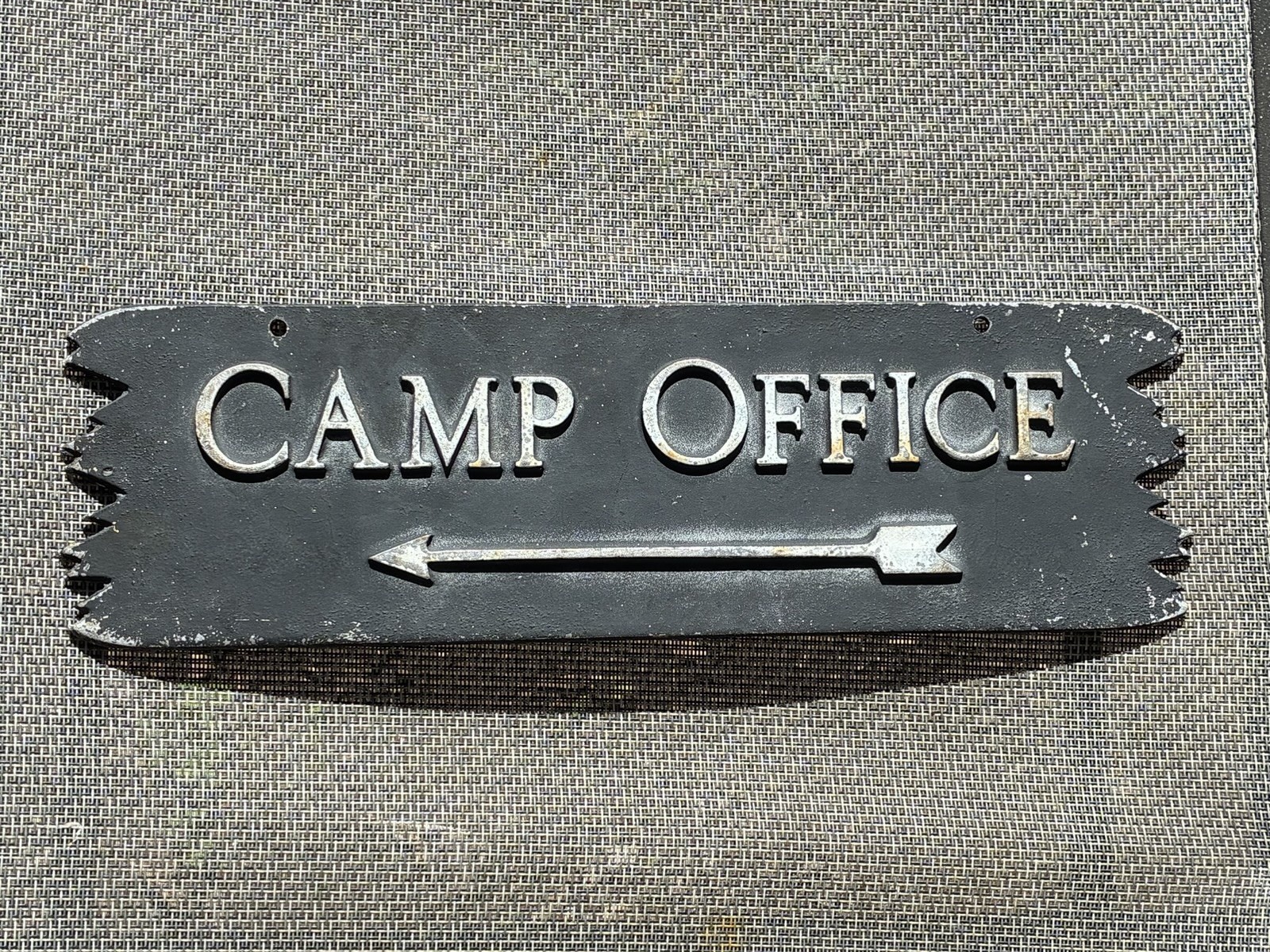 Unique Vintage Cast Aluminum “CAMP OFFICE” Arrow Directional Sign—Camps—Cabins