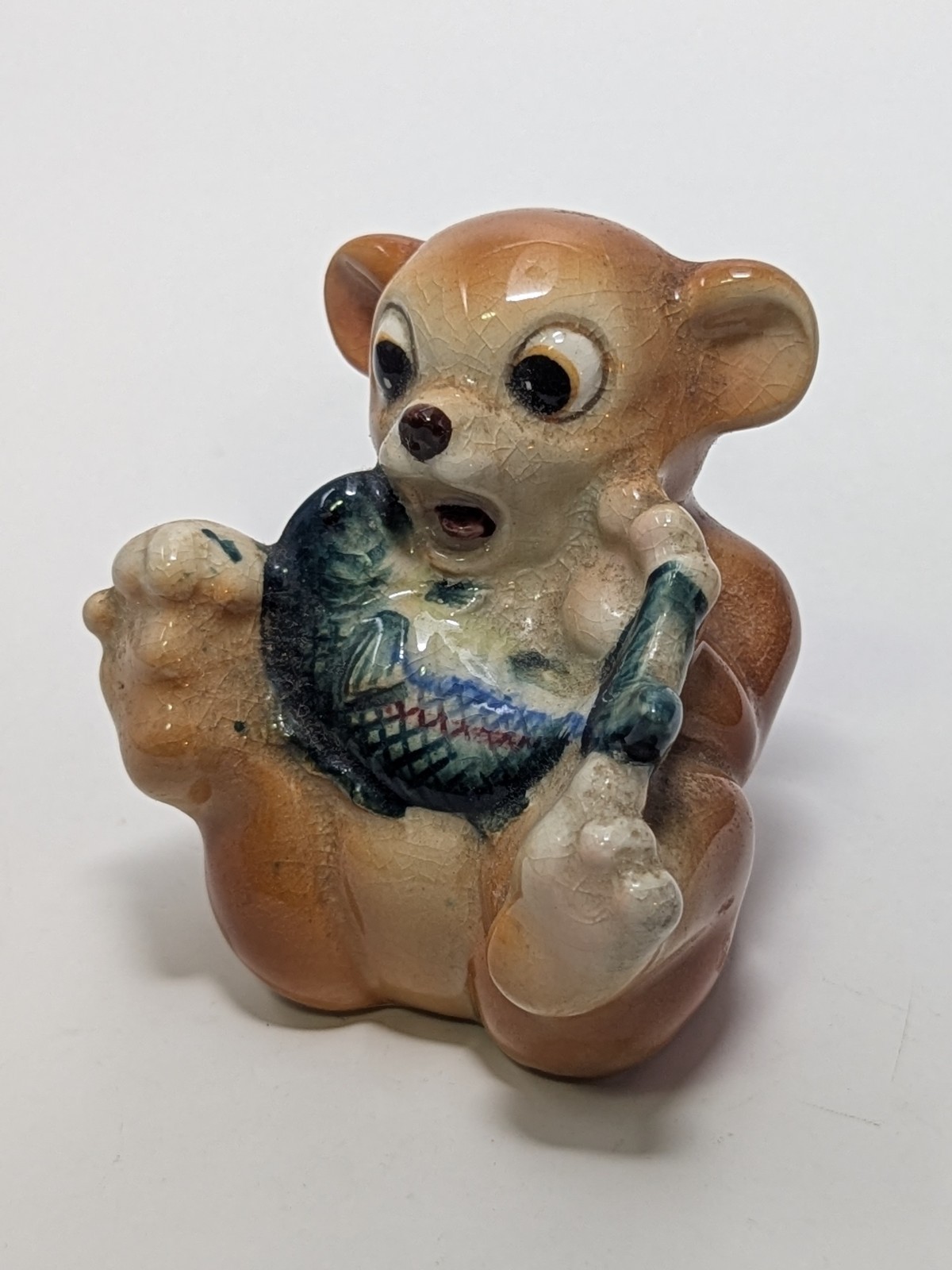Vintage Whimsical Bear with Fish in Lap 1950s Figurine Japan - Nippon Yoko Boeki