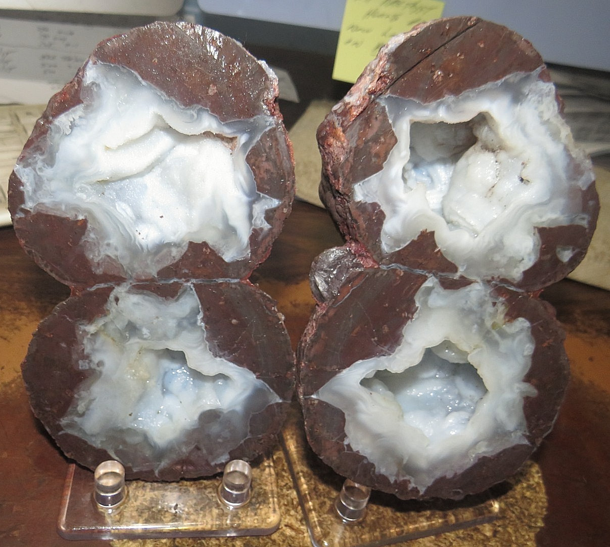1 BEAUTIFUL  6 INCH DRUZY MIST  MEXICAN  HOLLOW GEODE.  DUAL CHAMBERS. STANDS