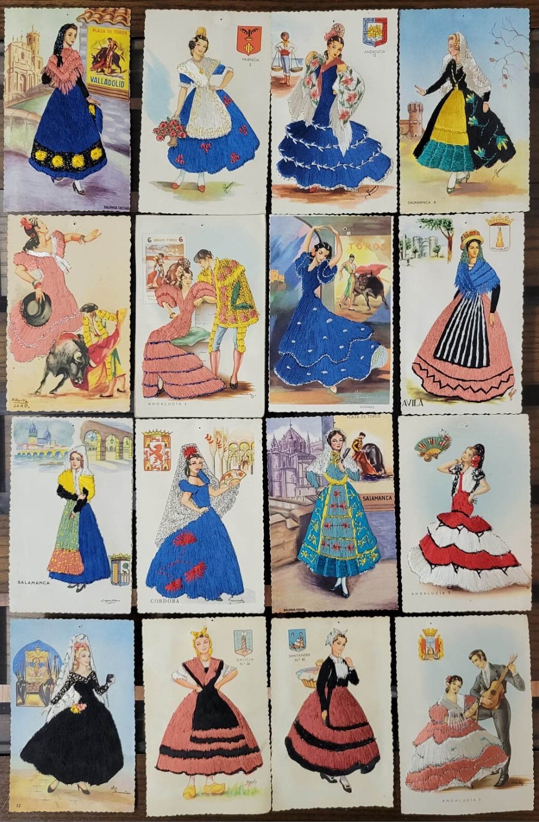 Set of 16 Vintage Embroidered Postcards from Spain, Salamanca, Silk, Embroidery