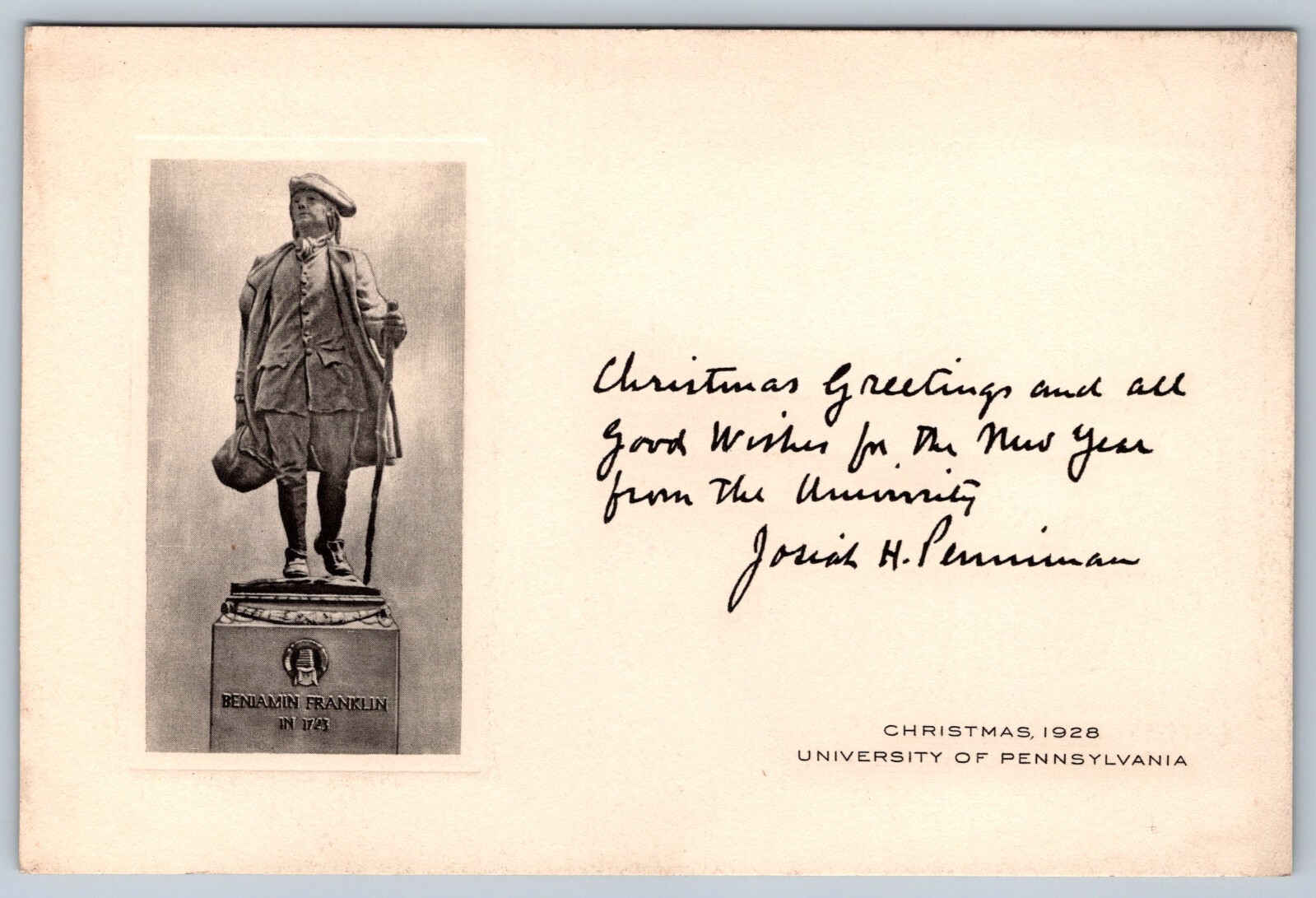 1928 CHRISTMAS CARD JOSIAH HARMAR PENNIMAN UNIVERSITY PENNSYLVANIA W/FRANKLIN
