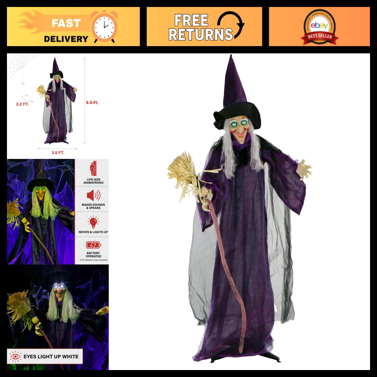 Life-Size Scary Talking Witch Animatronic with Broomstick - Touch Activated Hall