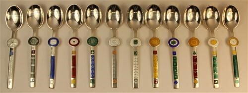 A. Michelsen Paul Rene Gauguin enamel & silver spoons, 12-spoon full set, MINT