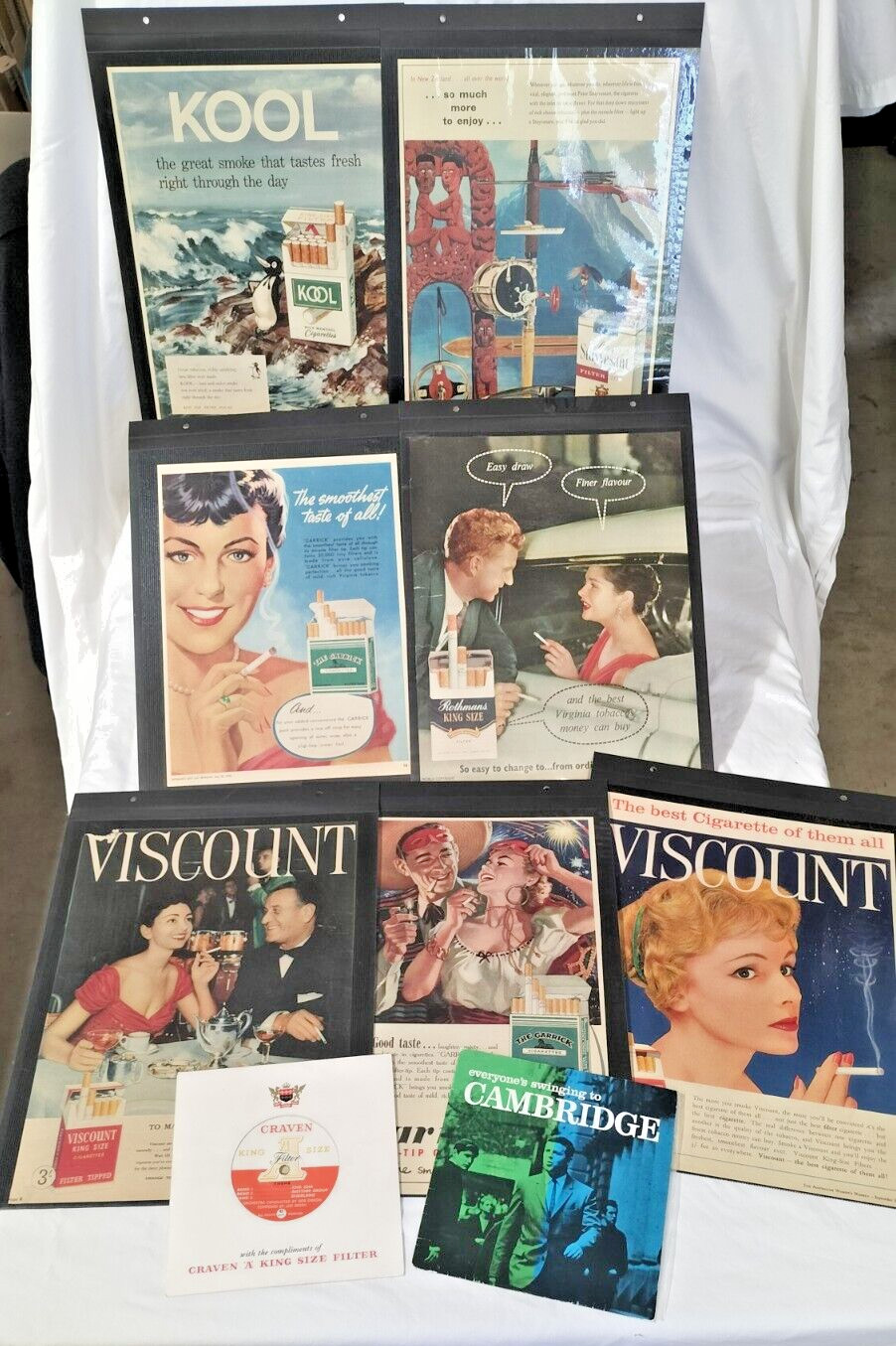 CIGARETTE TOBACCO ADVERTISING 7x Rare 1950's-60's Adverts & 2x Vinyl 45's - AF