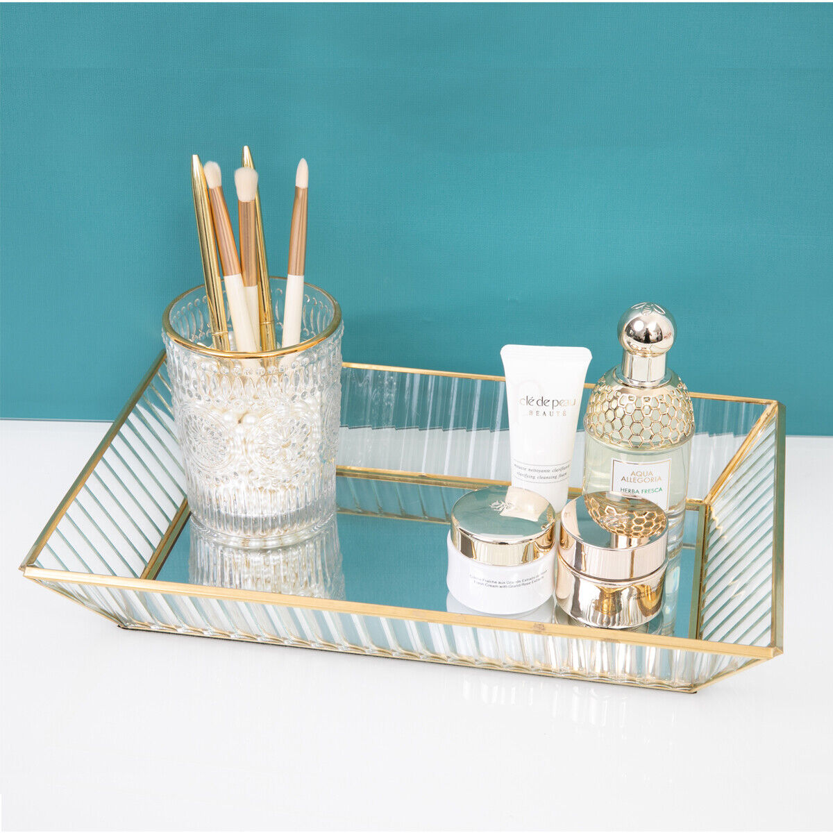  Glass Makeup Tray Brass Vintage Cosmetic Organizer Perfume Tray Decorative Tray