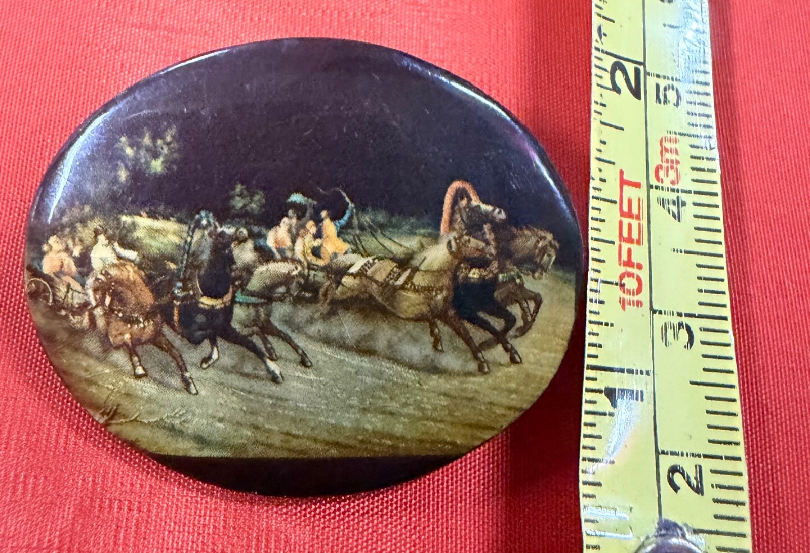 Russian Oval Lacquered  Brooch Pin  Palekh Troika Horse Slay