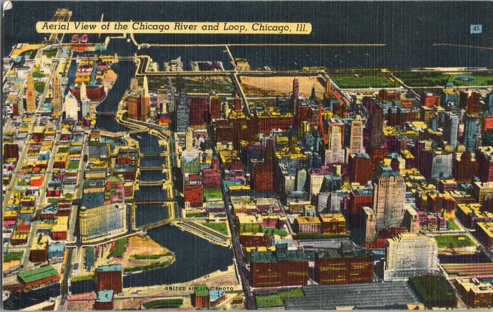 Vintage Chicago IL Postcard Linen Aerial View City River Loop