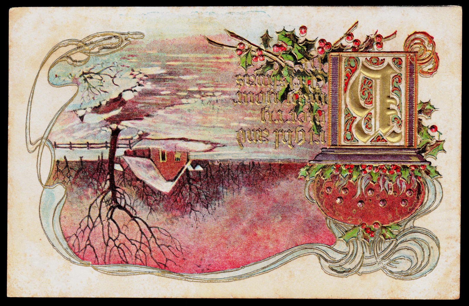 1911 Battle Creek Michigan Art Nouveau Gilded Embossed Christmas Postcard