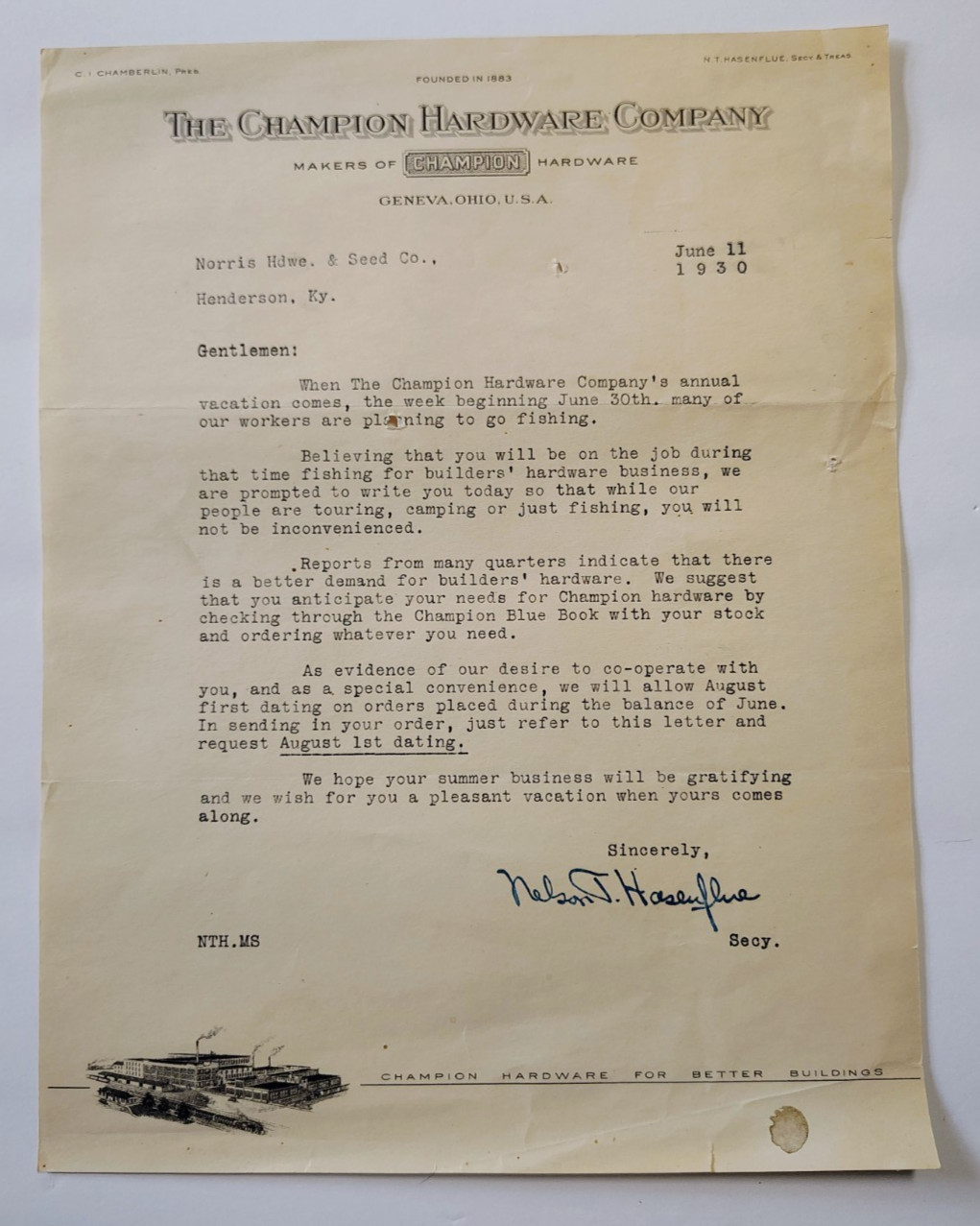 1930 The Champion Hardware Company Letter Geneva, Ohio Norris Hardware & Seed Co