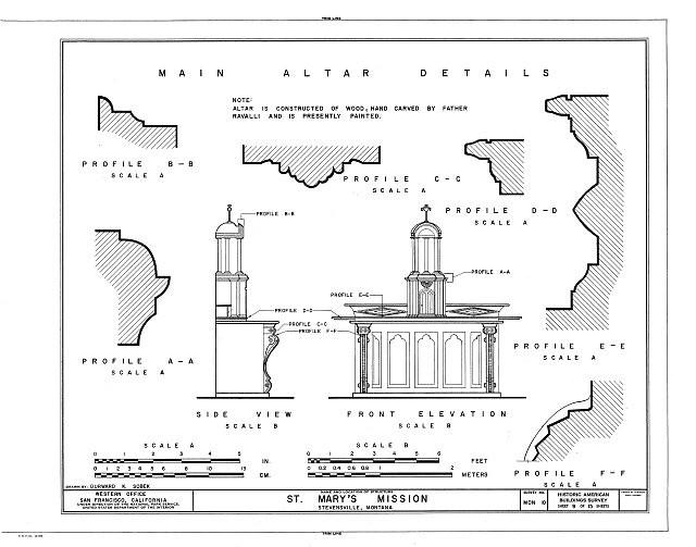 Stevensville MT St. Mary�s Mission 1900s Roman Catholic altar details drawing
